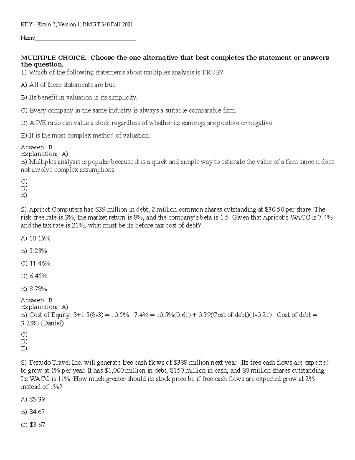 Key - Exam 3, Version 1, Fall 2021 Bmgt 340-1(1) - KEY - Exam 3 ...