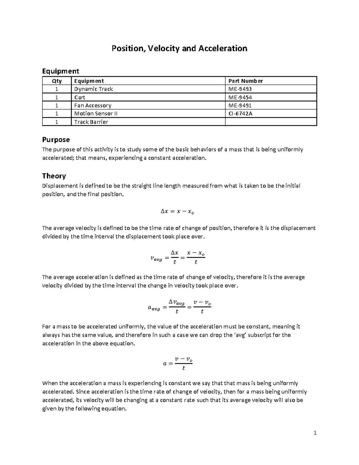 Postion, Velocity, and Acceleration lab 1611 Edited 1 - Position ...