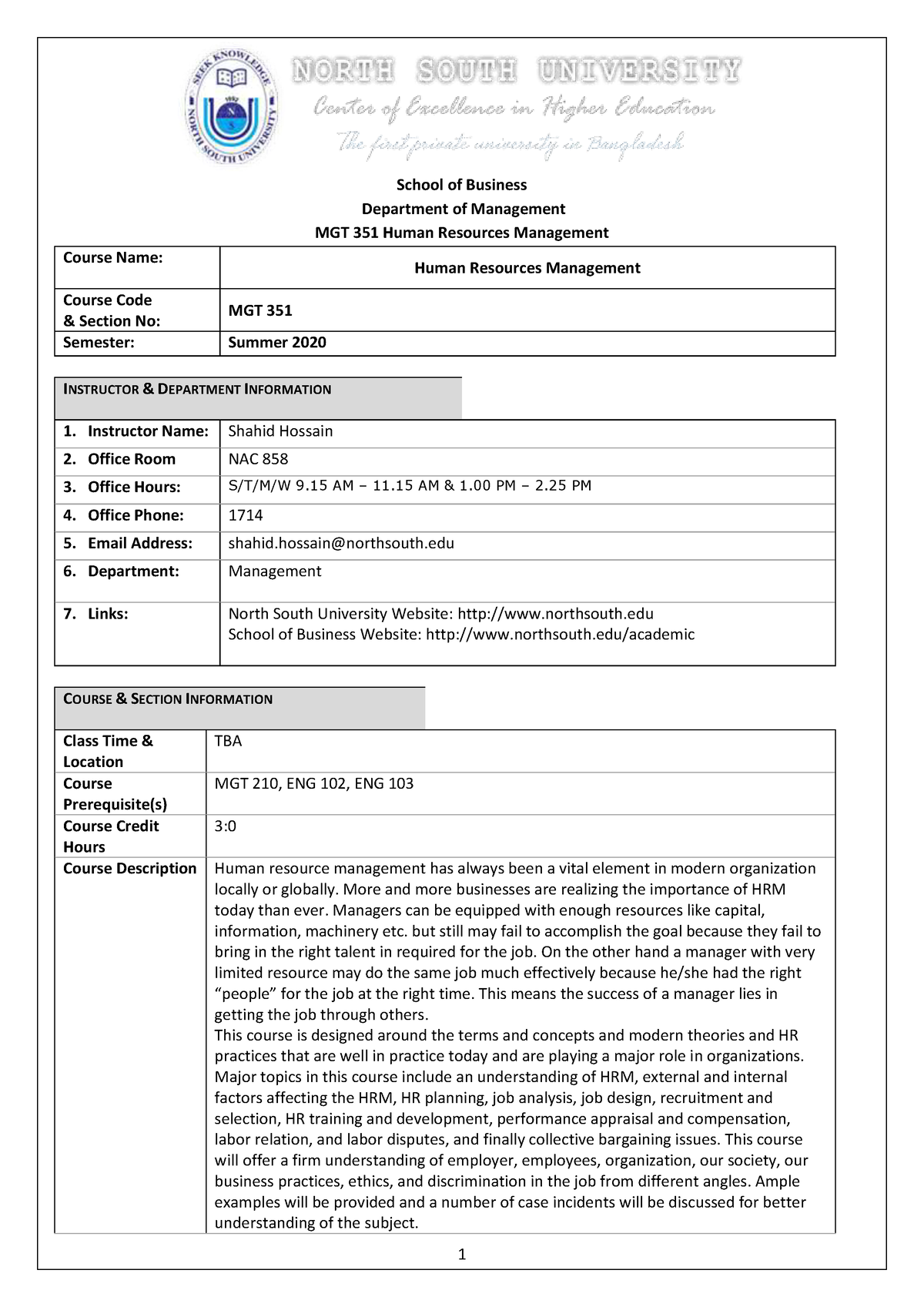 Mgt 351 Course Outline Summer 2020 - School Of Business Department Of ...