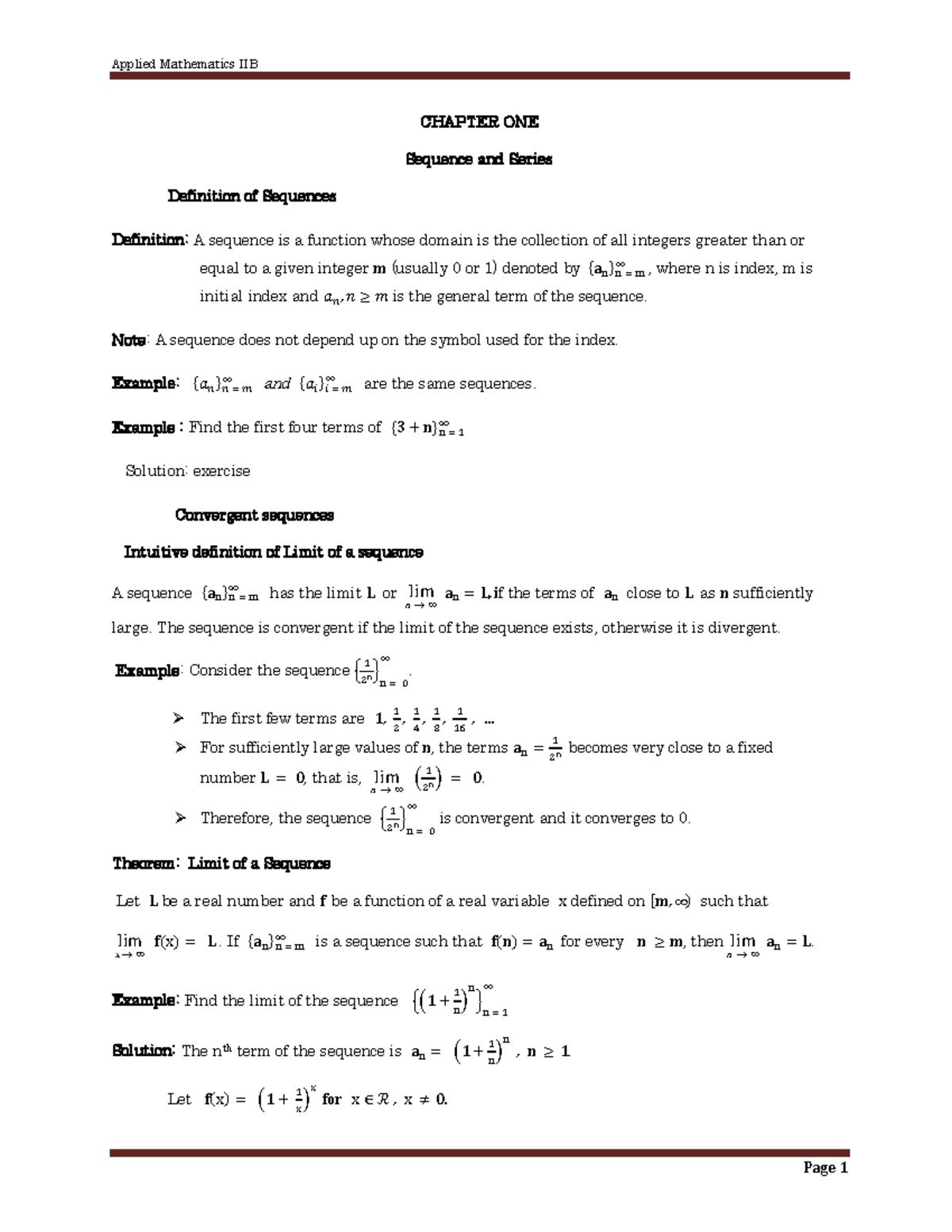 Sequence And Series Note - Page 1 Chapter One Sequence And Series 