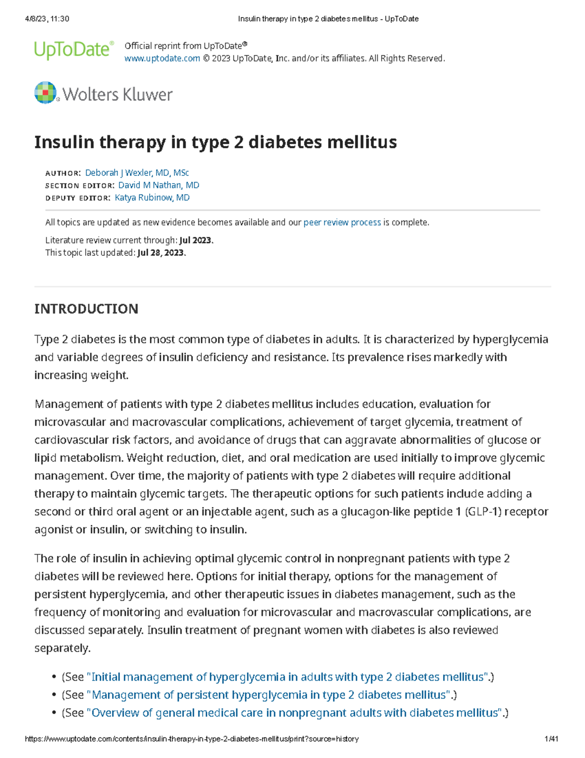 Insulin therapy in type 2 diabetes mellitus - Up To Date k - Official ...
