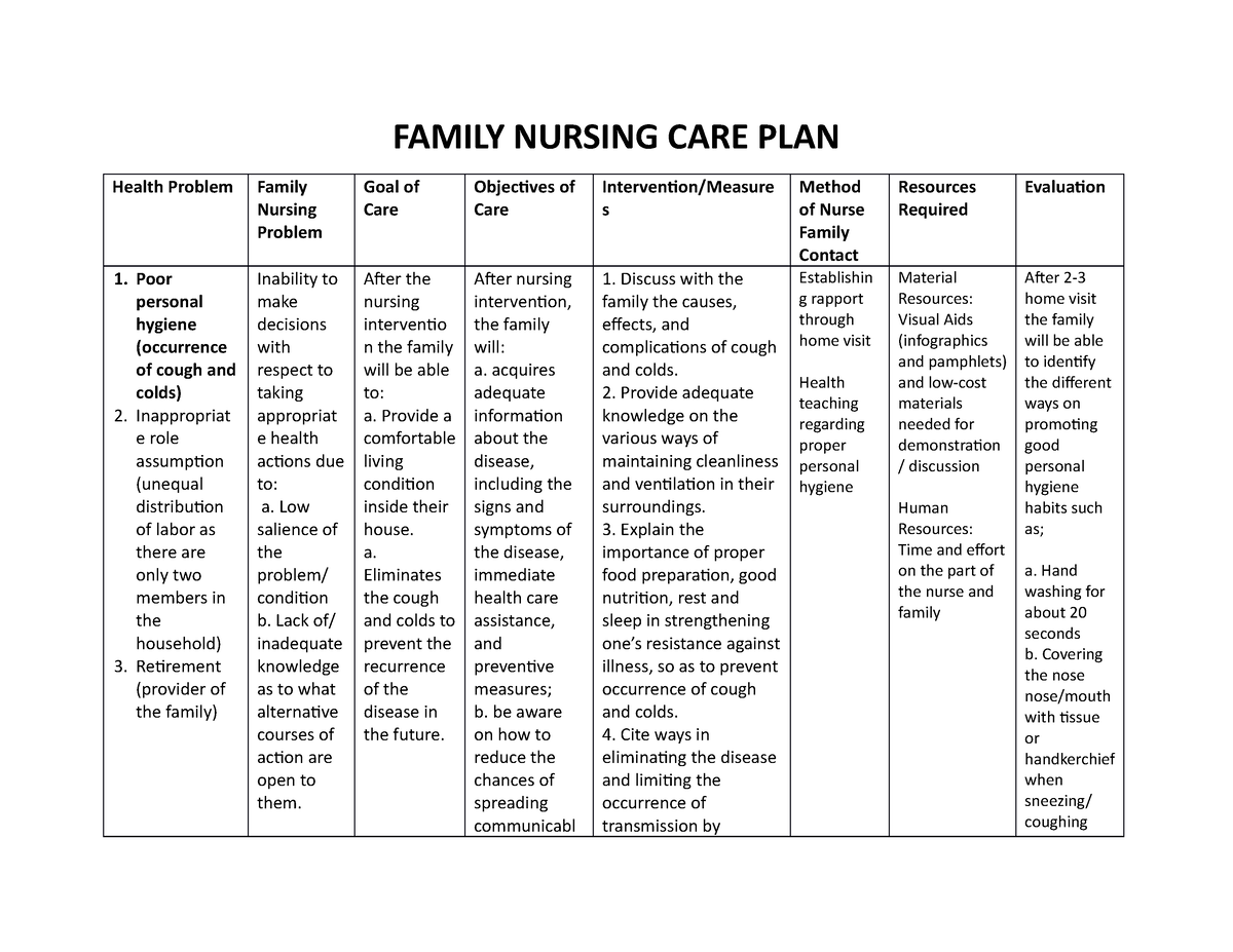 Family Nursing Care Plan FAMILY NURSING CARE PLAN Health Problem 