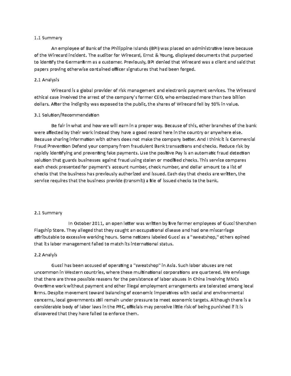 Case Analysis - N/A - 1 Summary An employee of Bank of the Philippine ...