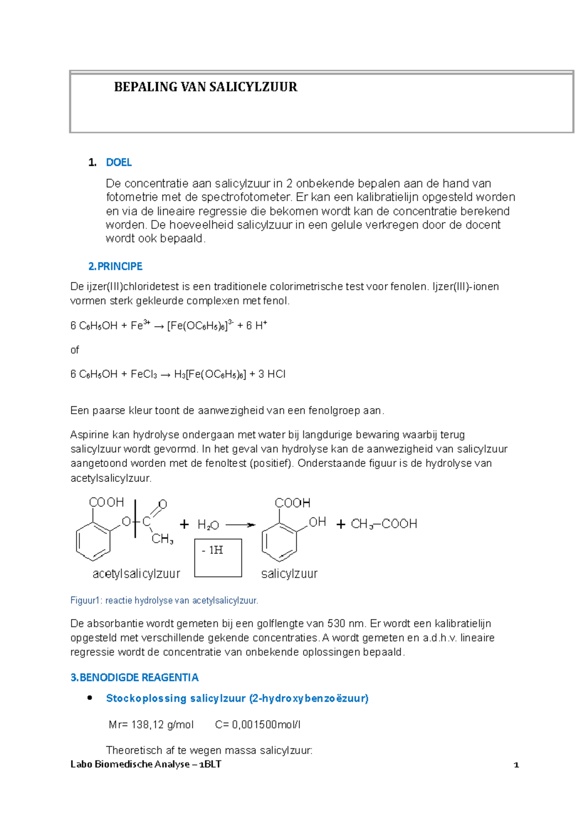 Bepaling VAN Salicylzuur BEPALING VAN SALICYLZUUR 1 DOEL De