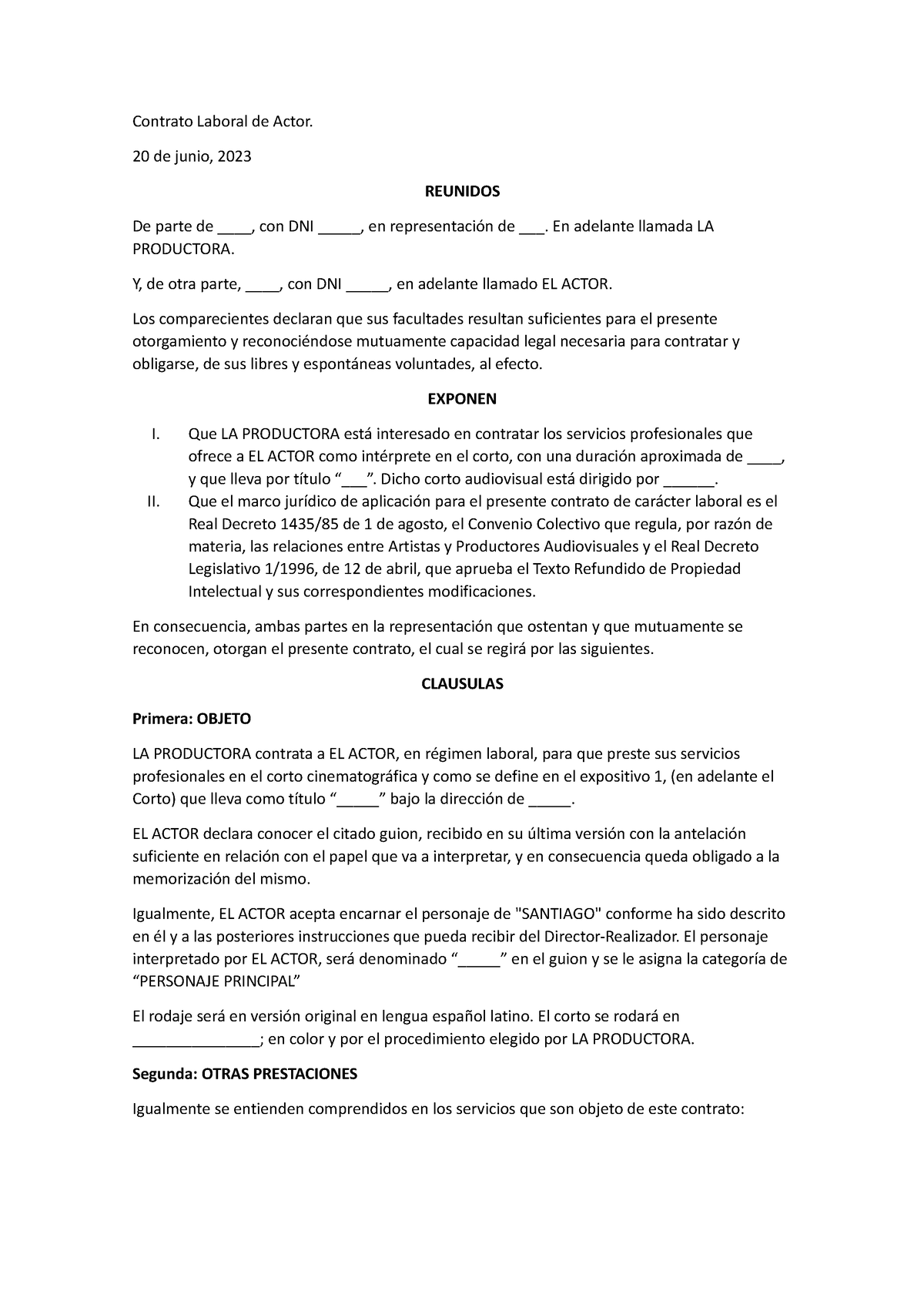 Contrato Laboral Actores - Contrato Laboral de Actor. 20 de junio, 2023 ...