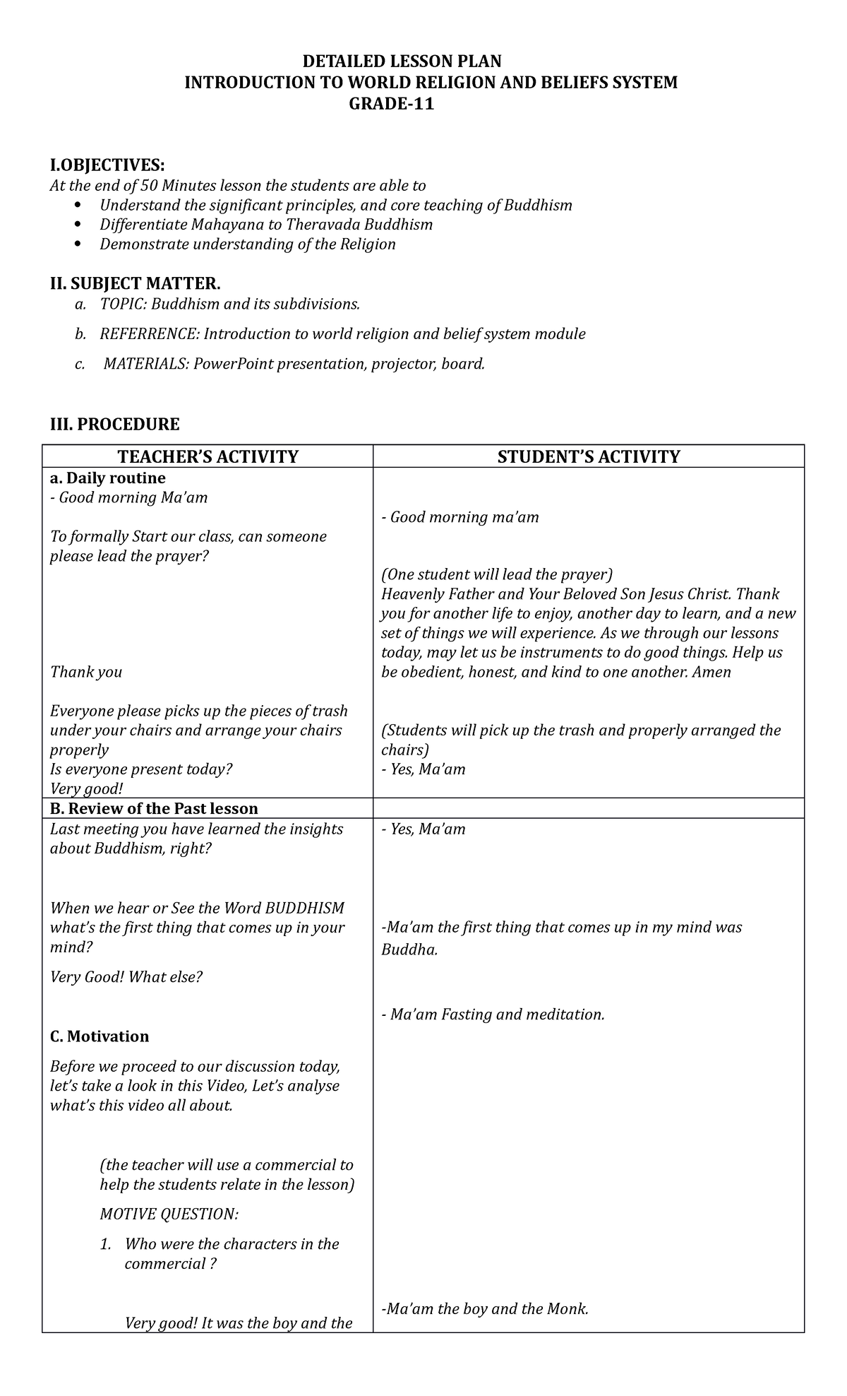 Final Senior Lesson Plannn - DETAILED LESSON PLAN INTRODUCTION TO WORLD ...