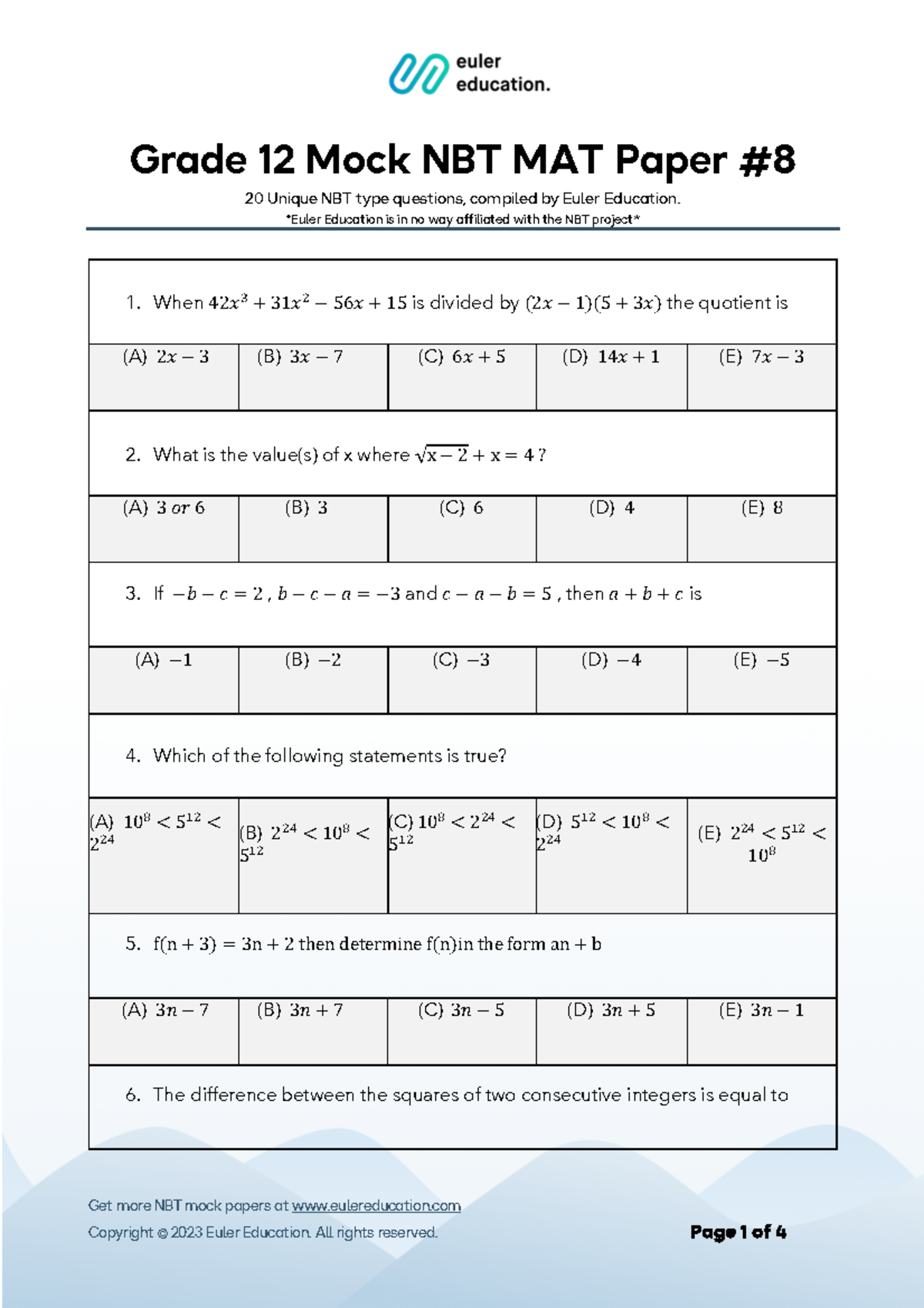 NBT Math Paper 8 Questions - Get more NBT mock papers at eulereducation ...