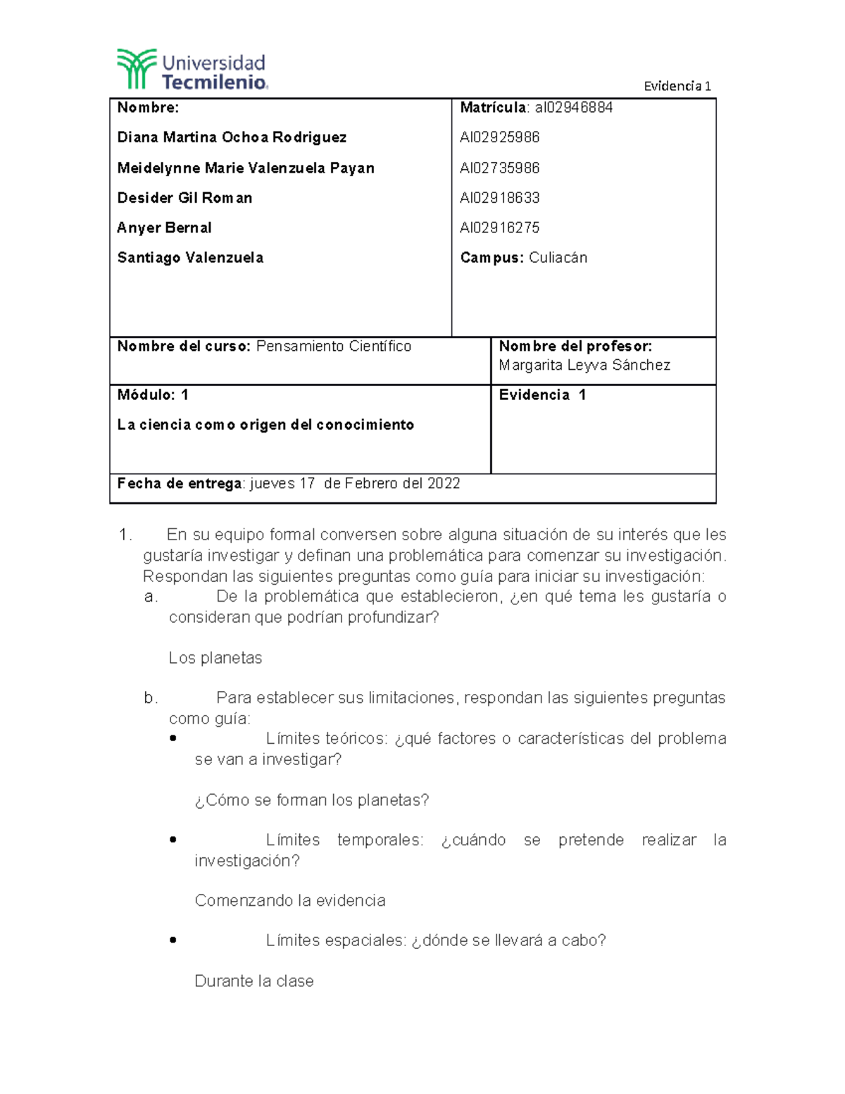 Evidencia 1 PC - vghbjnkml, - Evidencia 1 Nombre: Diana Martina Ochoa ...