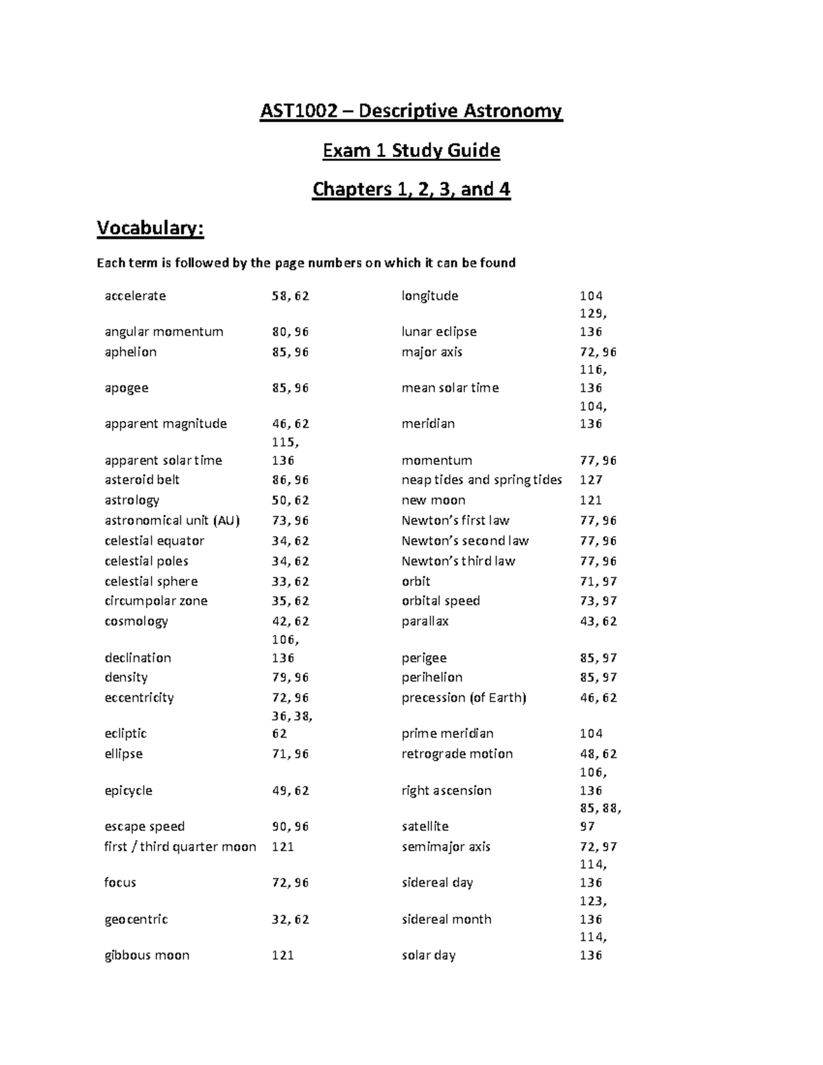 Astro 1002 Exam 1 Study Guide - AST1002 – Descriptive Astronomy Exam 1 ...