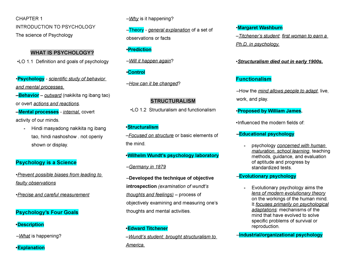 ITP-reviewer - Notes For Intro To Psychology - CHAPTER 1 INTRODUCTION ...