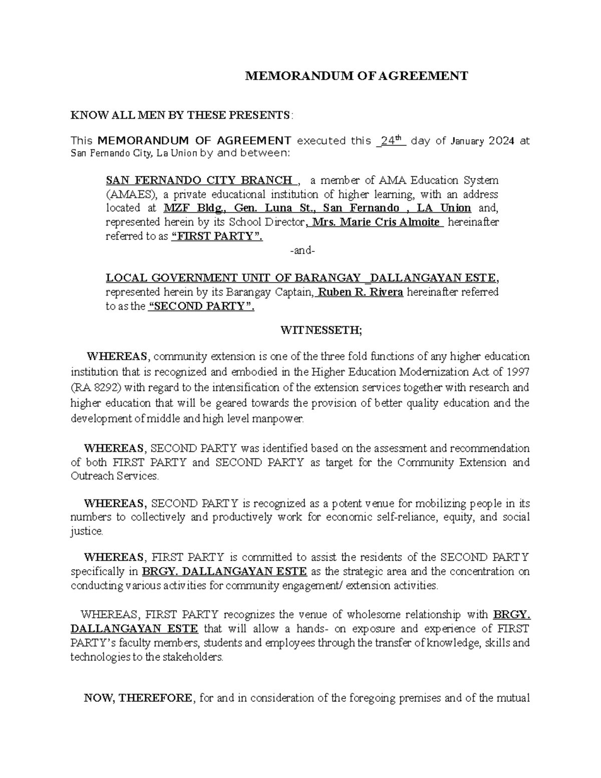 Appendix I MOA 1 (new) - MEMORANDUM OF AGREEMENT KNOW ALL MEN BY THESE ...