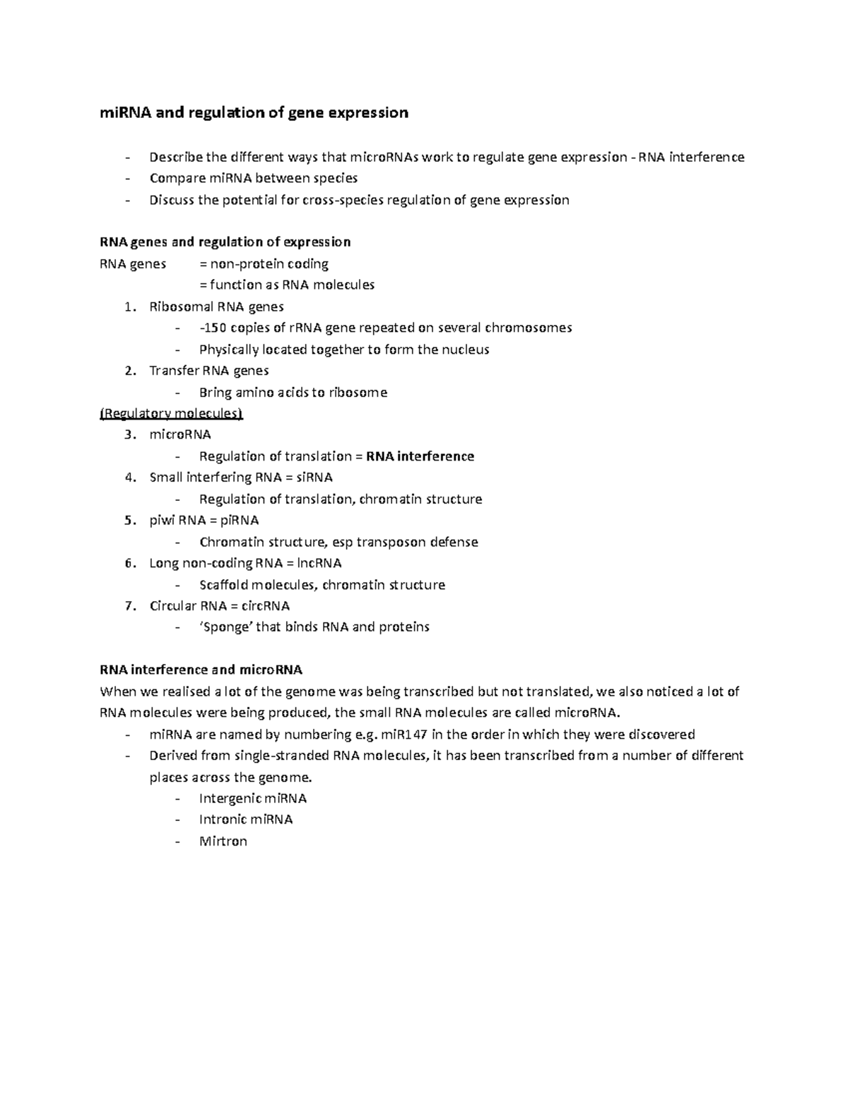 BIOL241 Melanie Module 10 - miRNA and regulation of gene expression ...