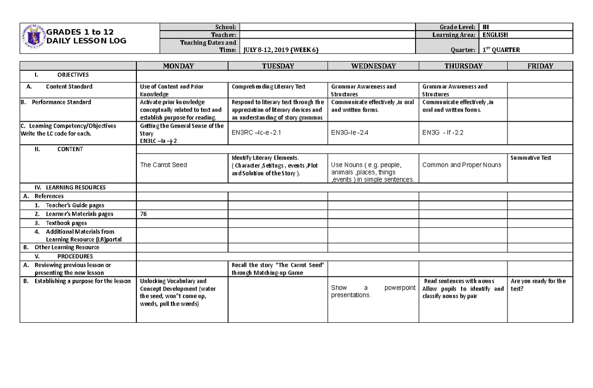 DLL English 3 Q1 W6 - good - GRADES 1 to 12 DAILY LESSON LOG School ...