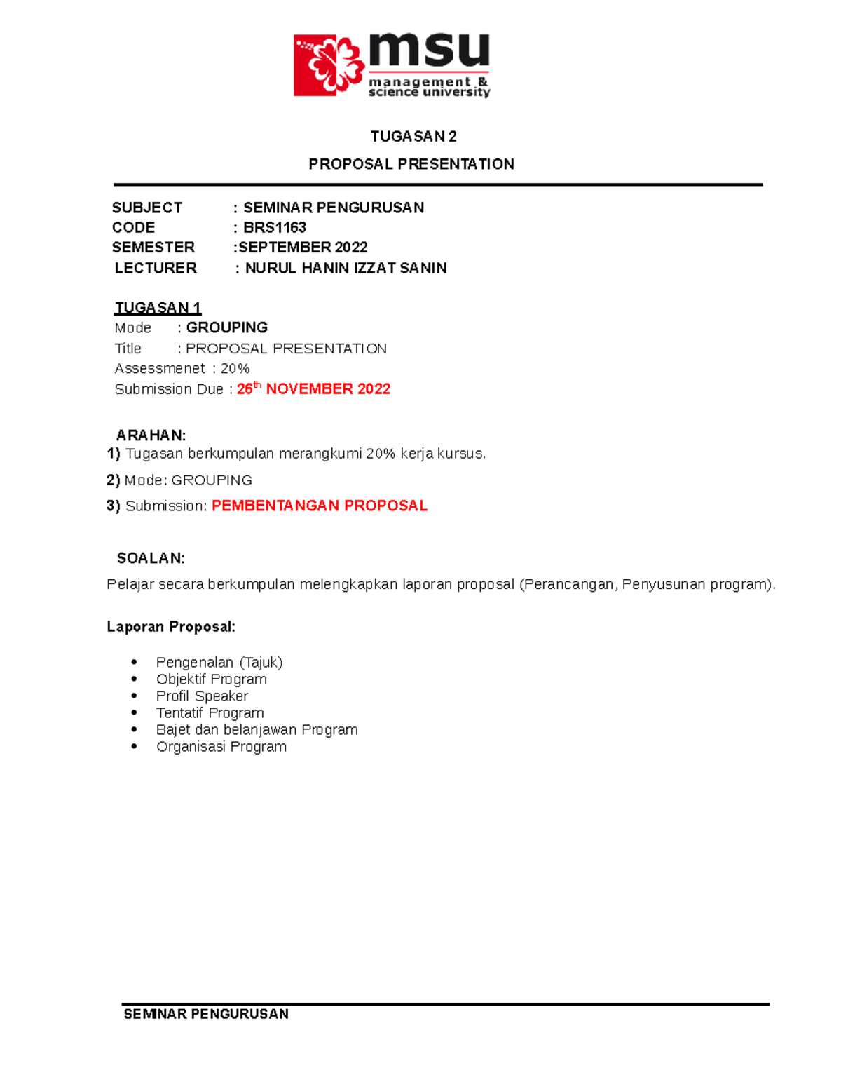 Assignment 2 BRS1163 SEPT22 - TUGASAN 2 PROPOSAL PRESENTATION SUBJECT ...