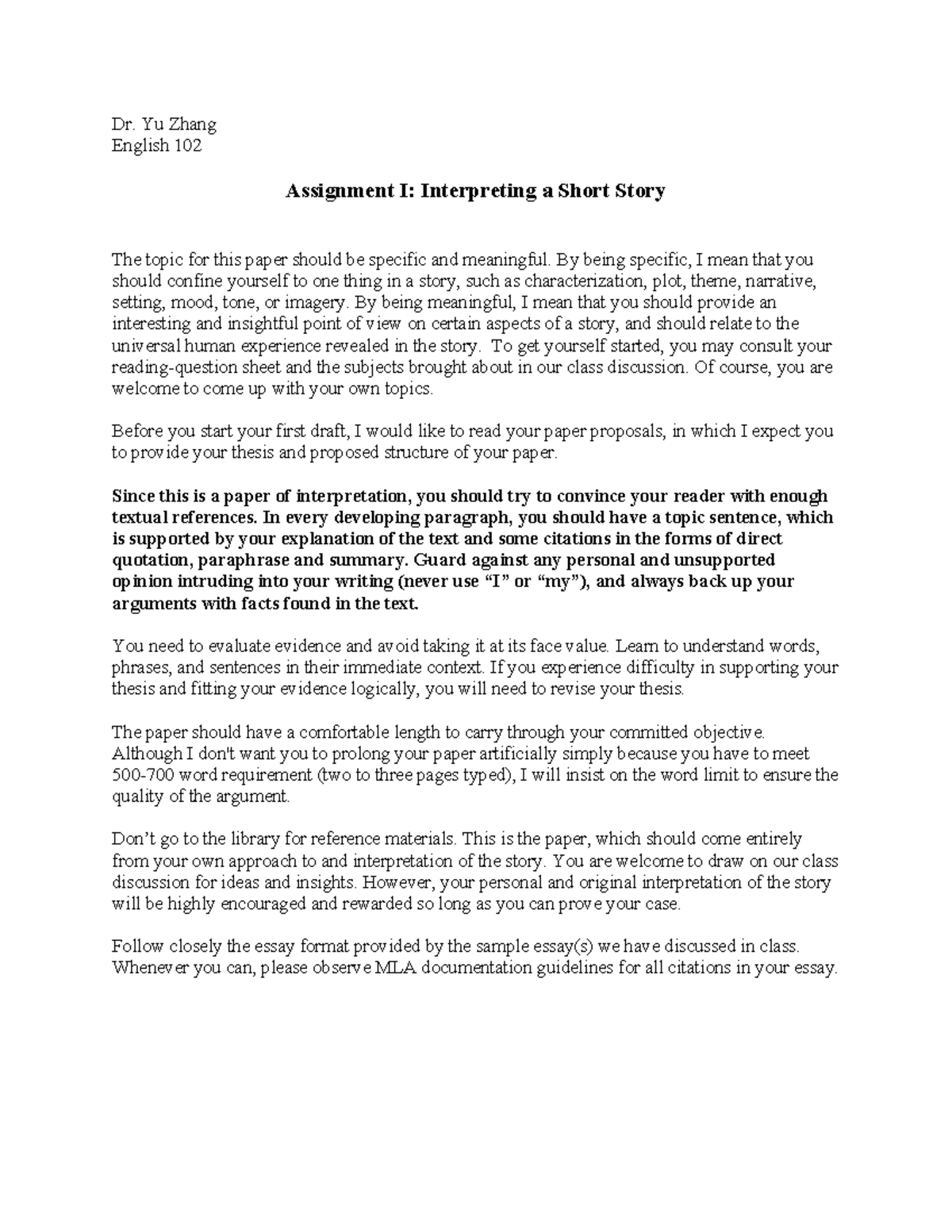 102-first assignment Sheet - Dr. Yu Zhang English 102 Assignment I ...