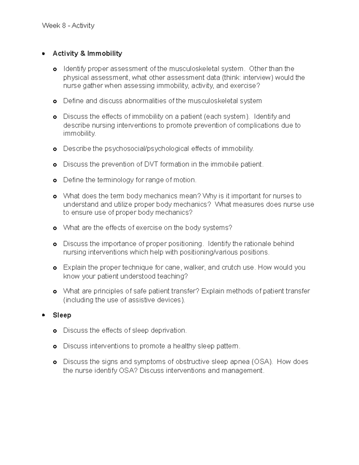 Week 8 - Activity & Sleep - Week 8 - Activity Activity & Immobility o ...