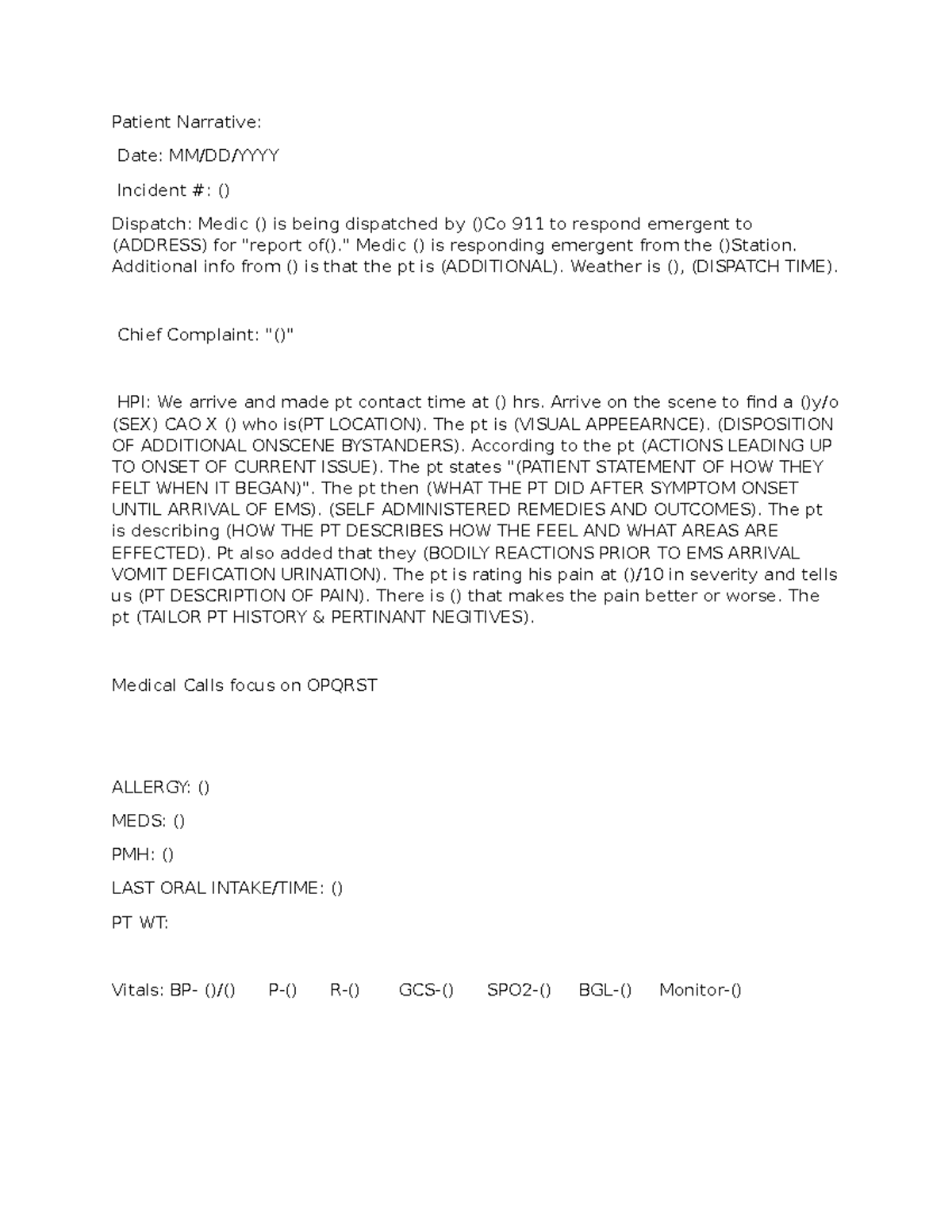 Patient Narrative Outline Paramedic Clinicals - Patient Narrative: Date ...