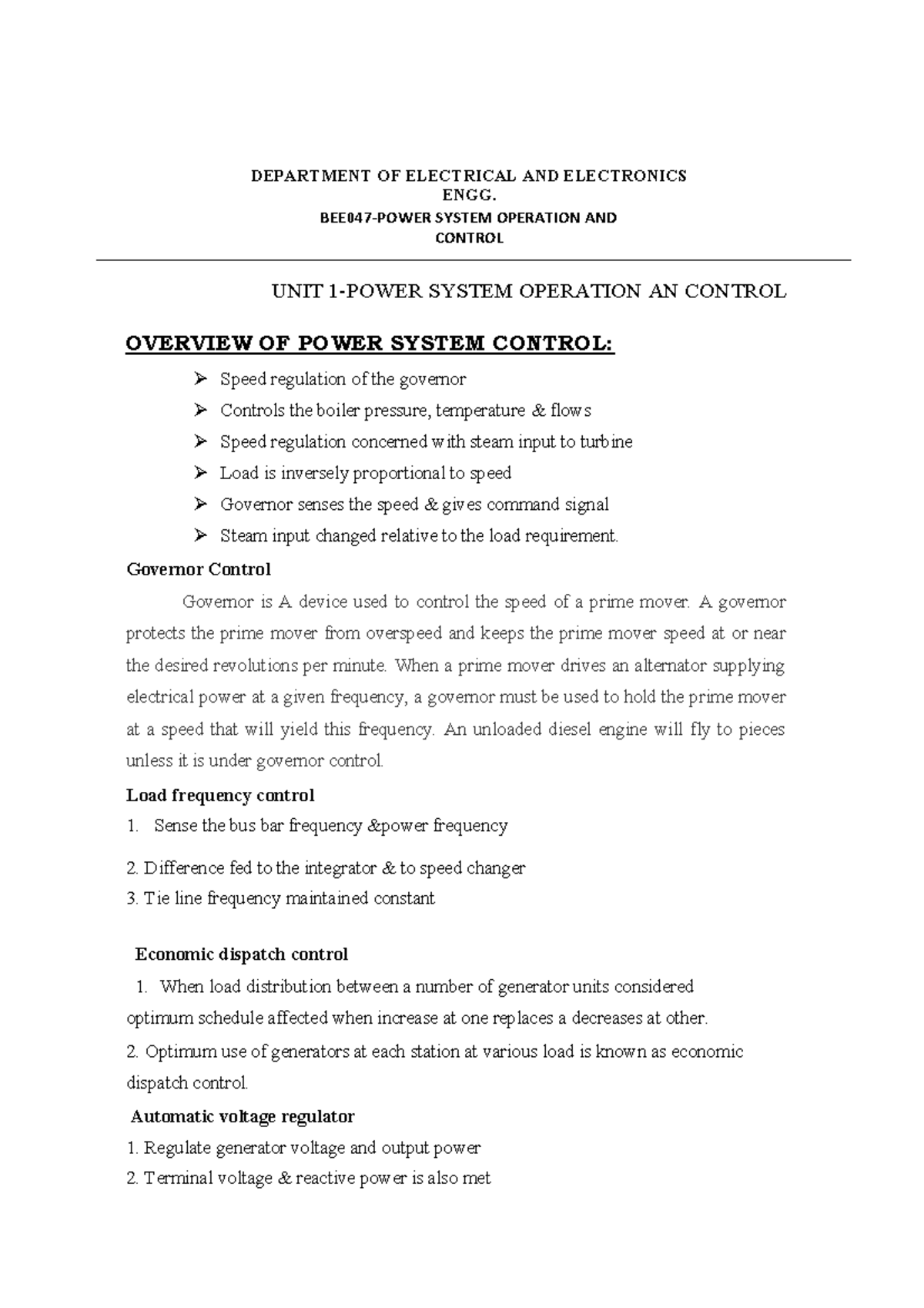 BEE047 PSOC notes Power system operations and control DEPARTMENT OF