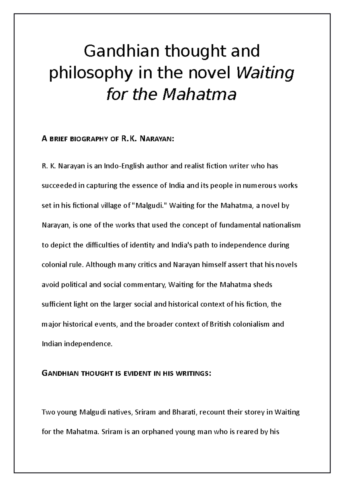 Gandhian thought and philosophy in the novel Waiting for the Mahatma