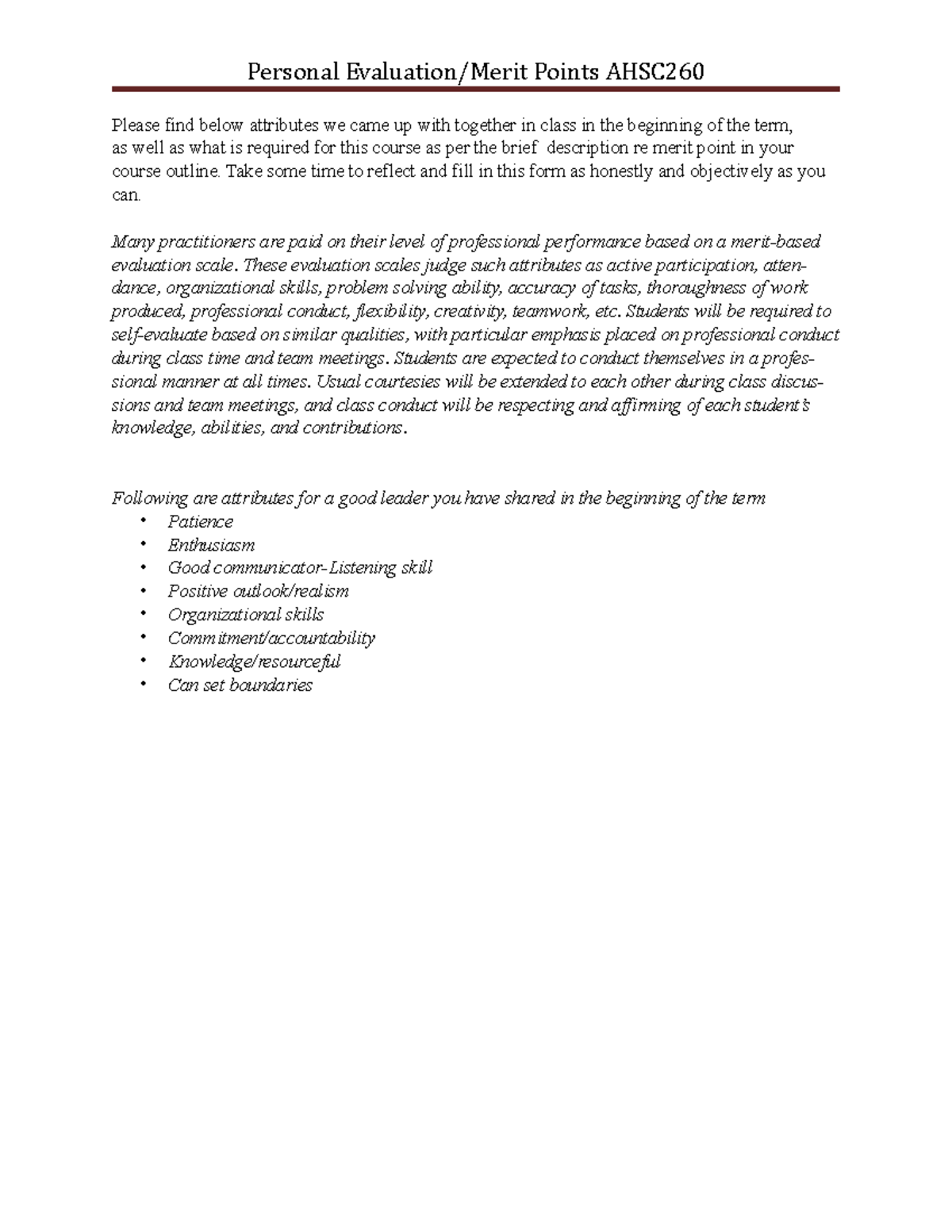 AHSC 260 Merit Points Doc - Personal Evaluation/Merit Points AHSC ...