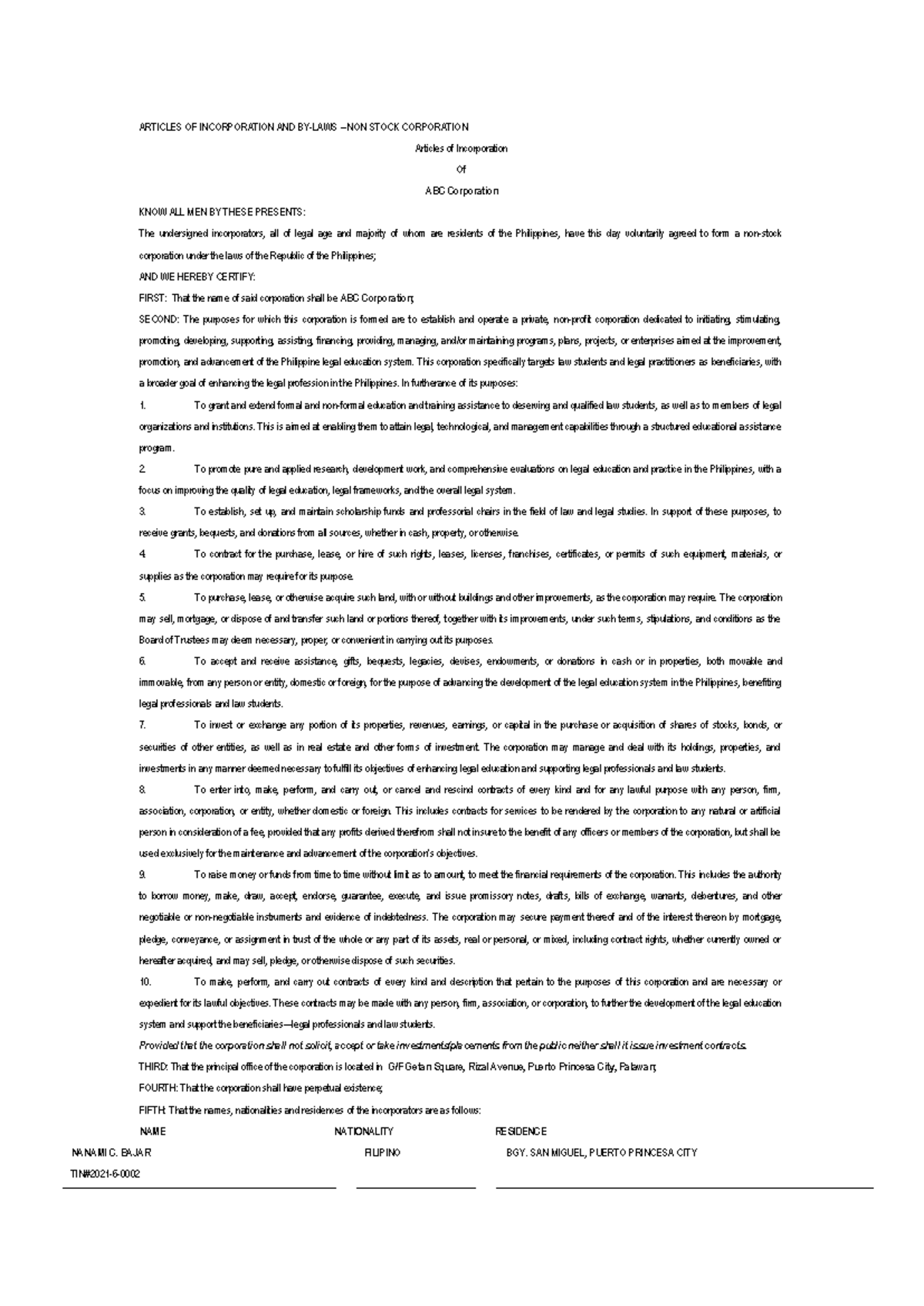 AOI of ABC Corporation AOI ARTICLES OF INCORPORATION AND BYLAWS