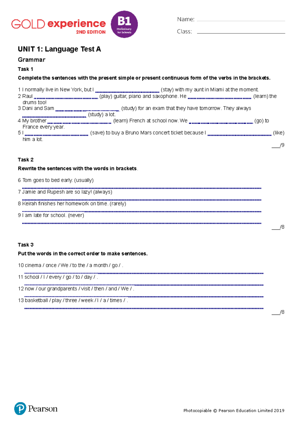 Gold Exp B1 U1 Lang Test A - UNIT 1: Language Test A Grammar Task 1 ...