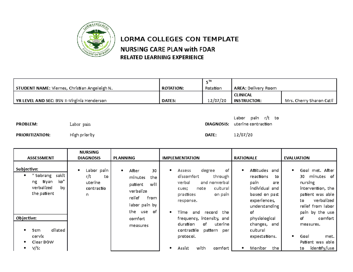 NCP-5TH ROT - NURSING - LORMA COLLEGES CON TEMPLATE NURSING CARE PLAN ...