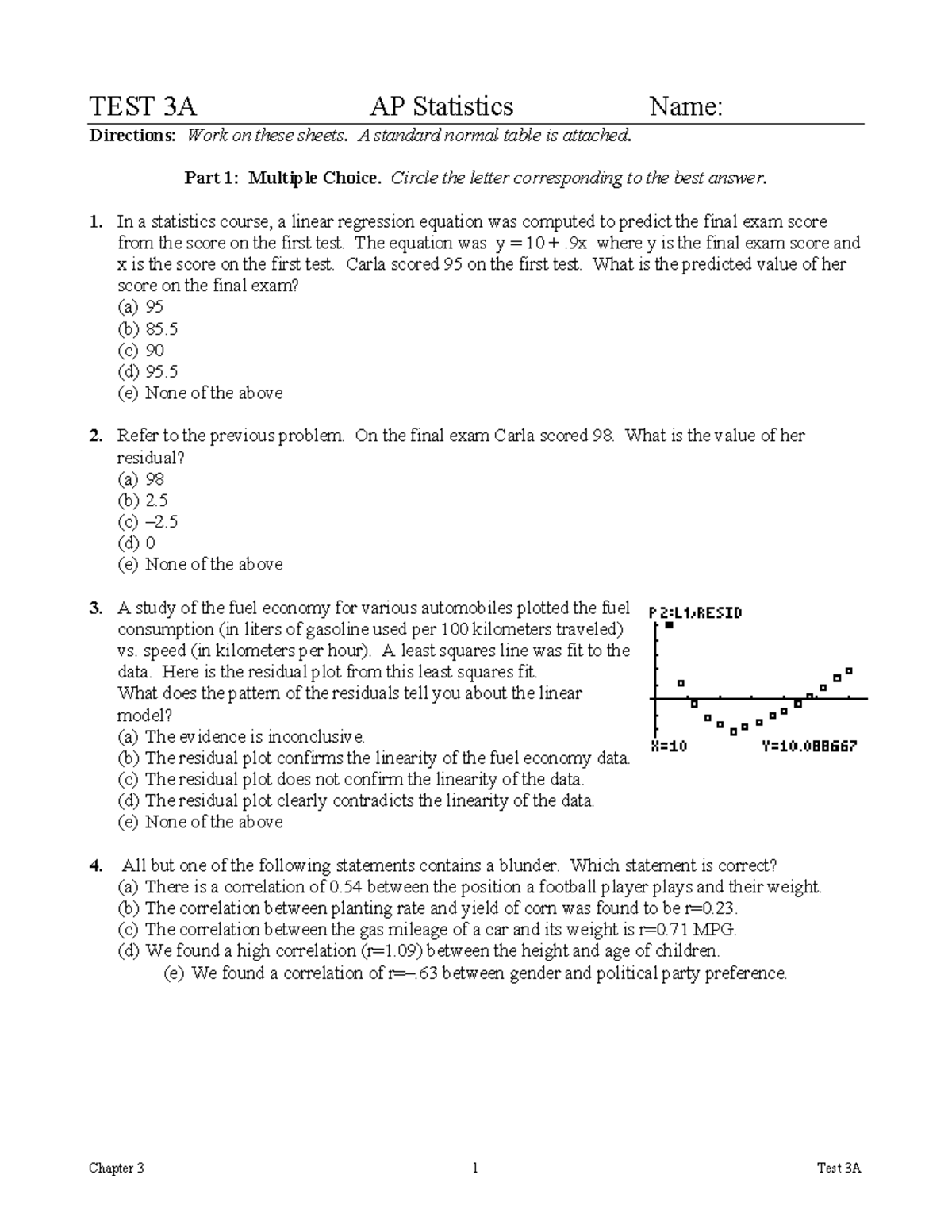 3Ak 1 - Chapter 3a Practice Work - TEST 3A AP Statistics Name ...