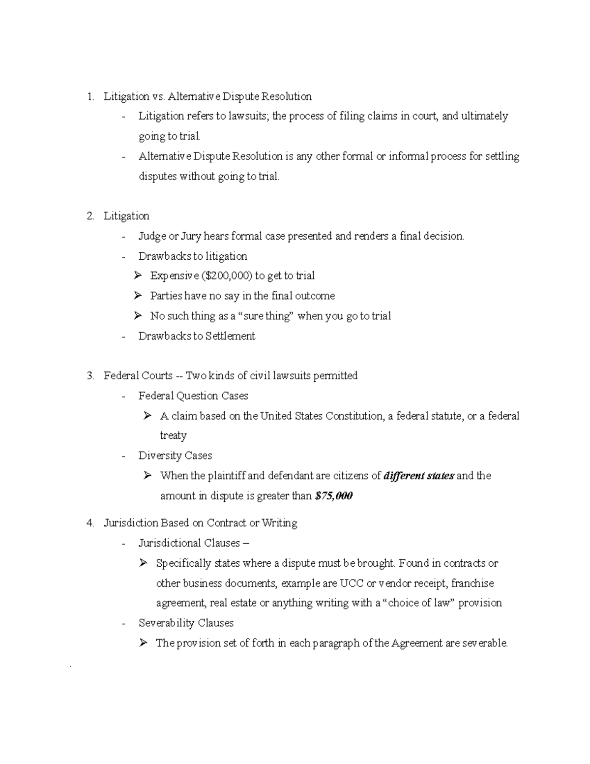 Chapter 3 note - Litigation vs. Alternative Dispute Resolution ...