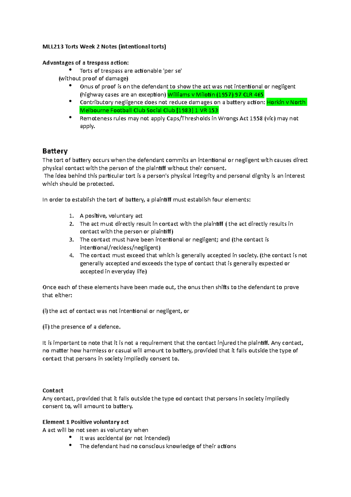 MLL213 Torts Week 2 Notes - MLL213 Torts Week 2 Notes (intentional ...