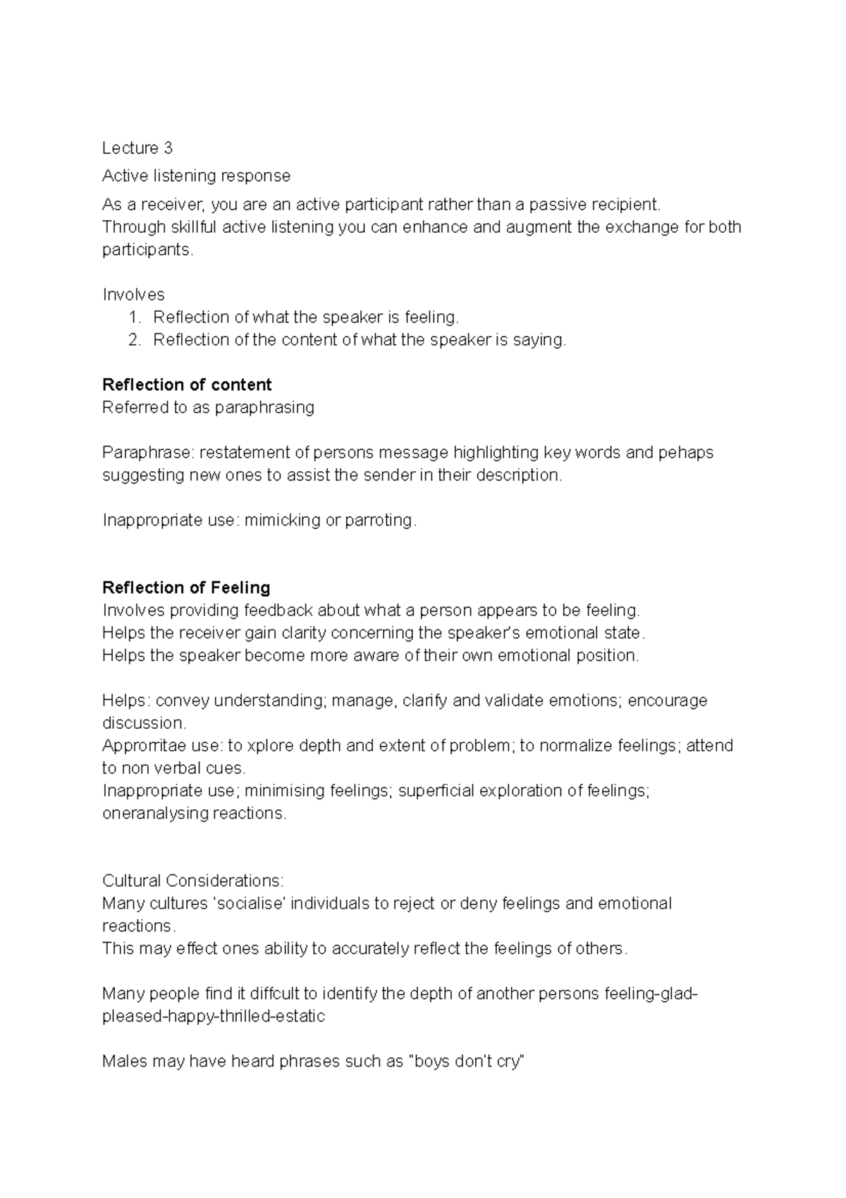 Week 2 lecture notes. not exhausive - Lecture 3 Active listening ...