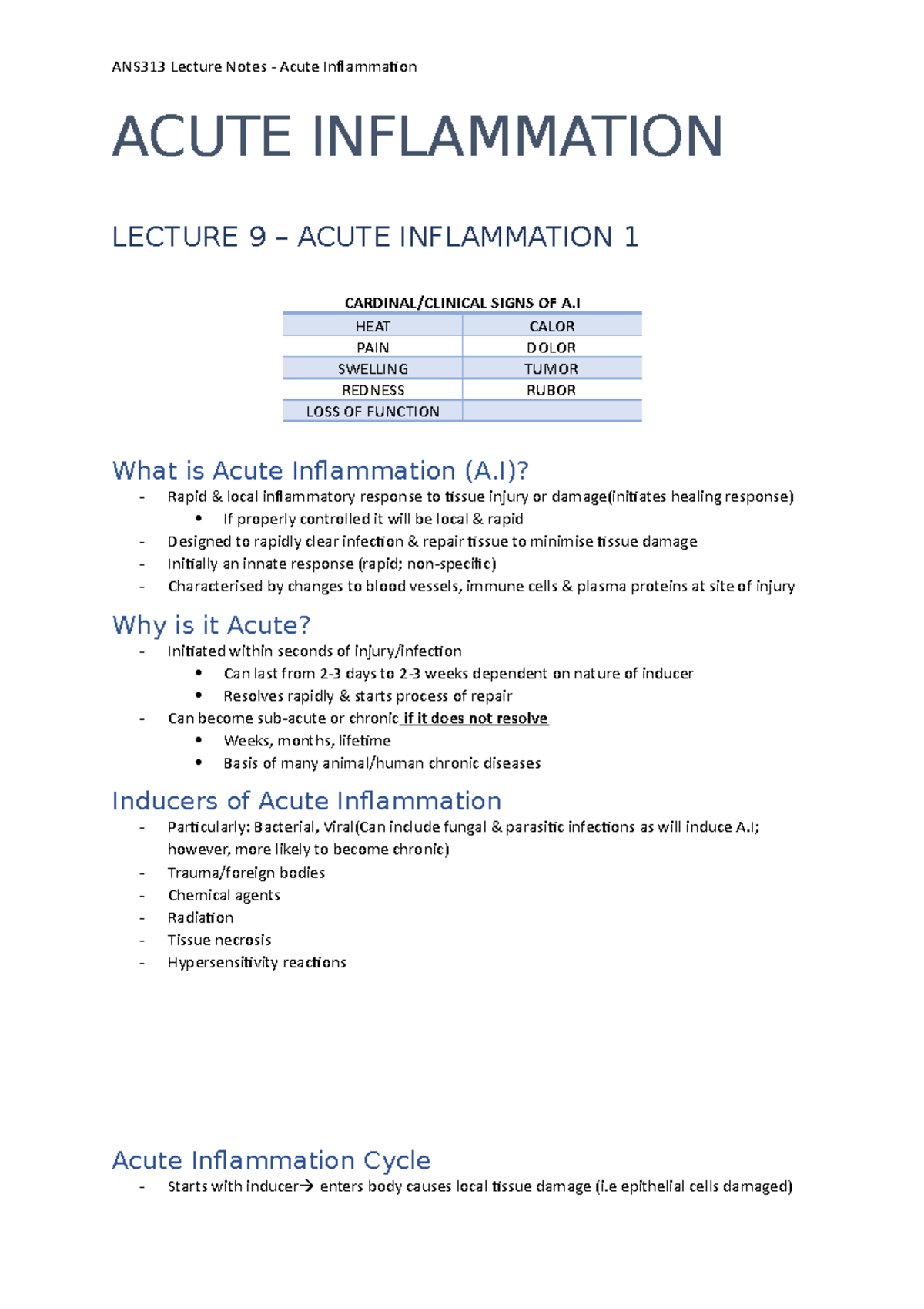 Acute Inflammation Lecture Notes - ACUTE INFLAMMATION LECTURE 9 – ACUTE ...