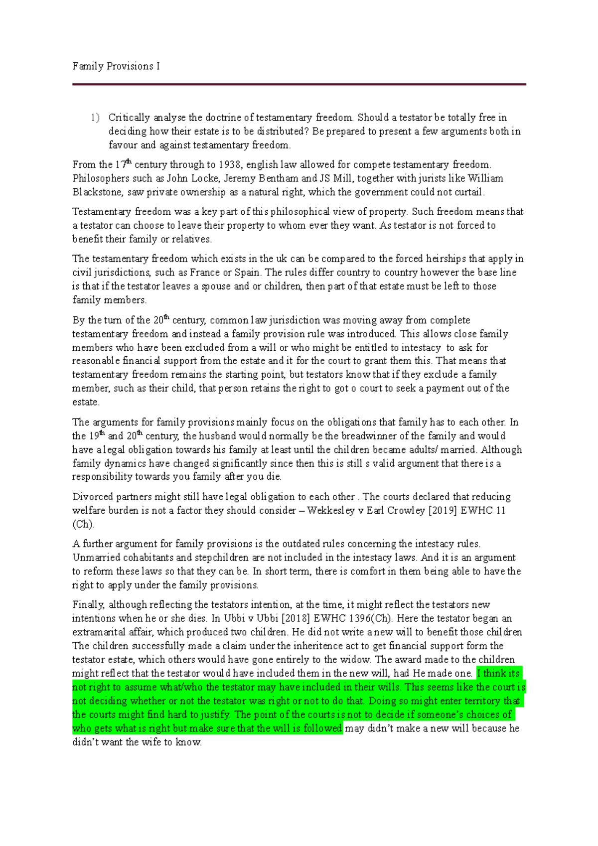 Family provision I - Family Provisions I Critically analyse the ...