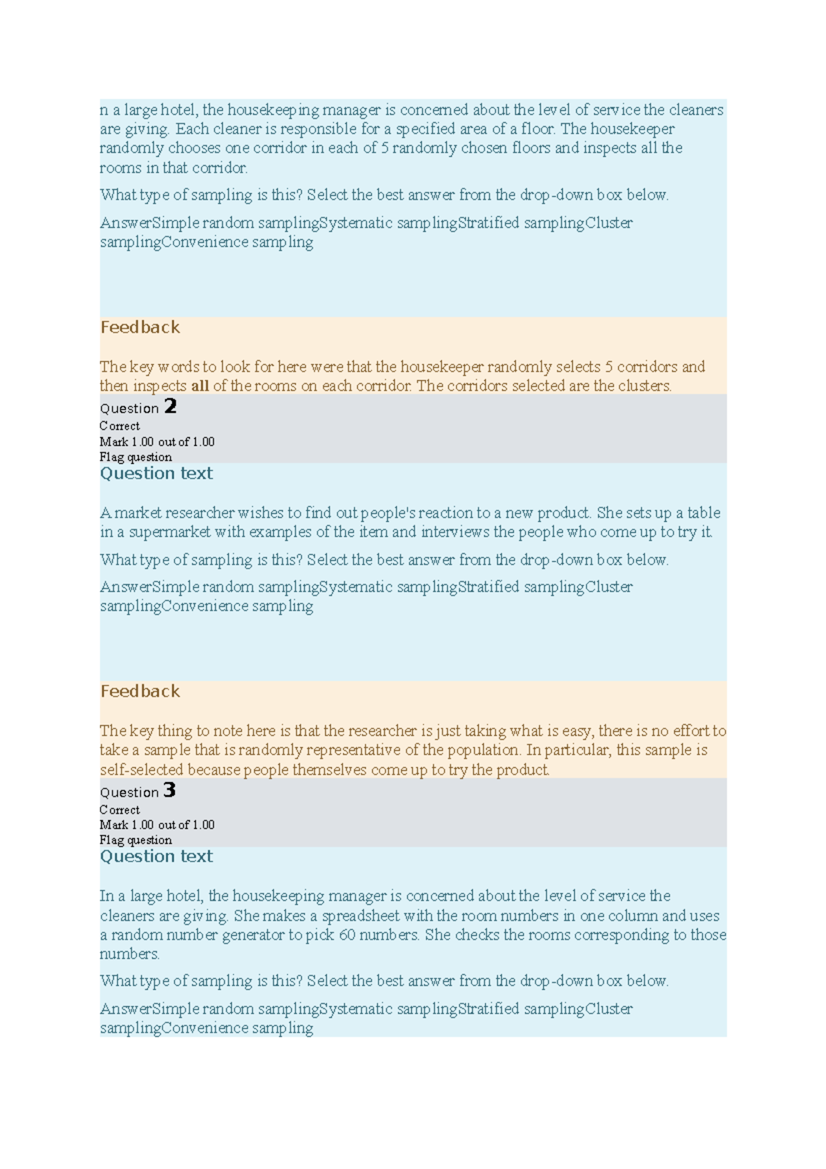Exam preparation quiz Stats n a large hotel, the housekeeping manager