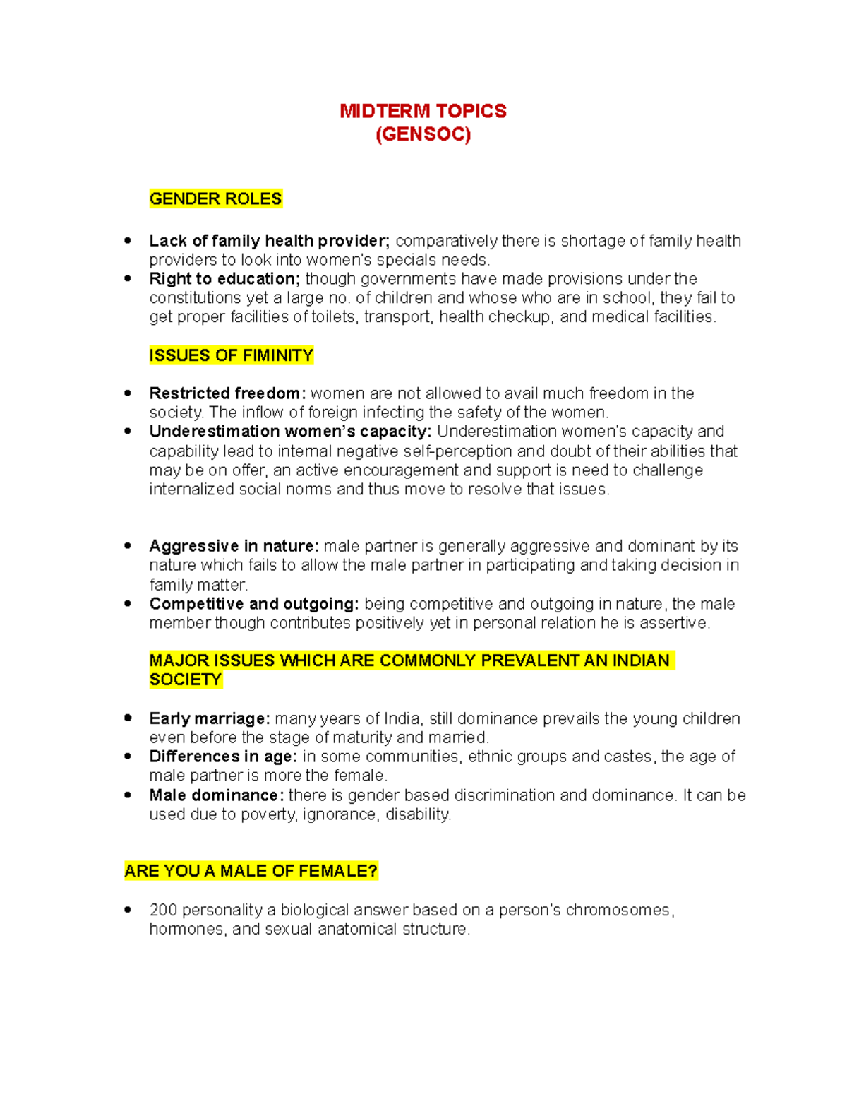 Midterm Topics-gensoc - MIDTERM TOPICS (GENSOC) GENDER ROLES Lack of ...
