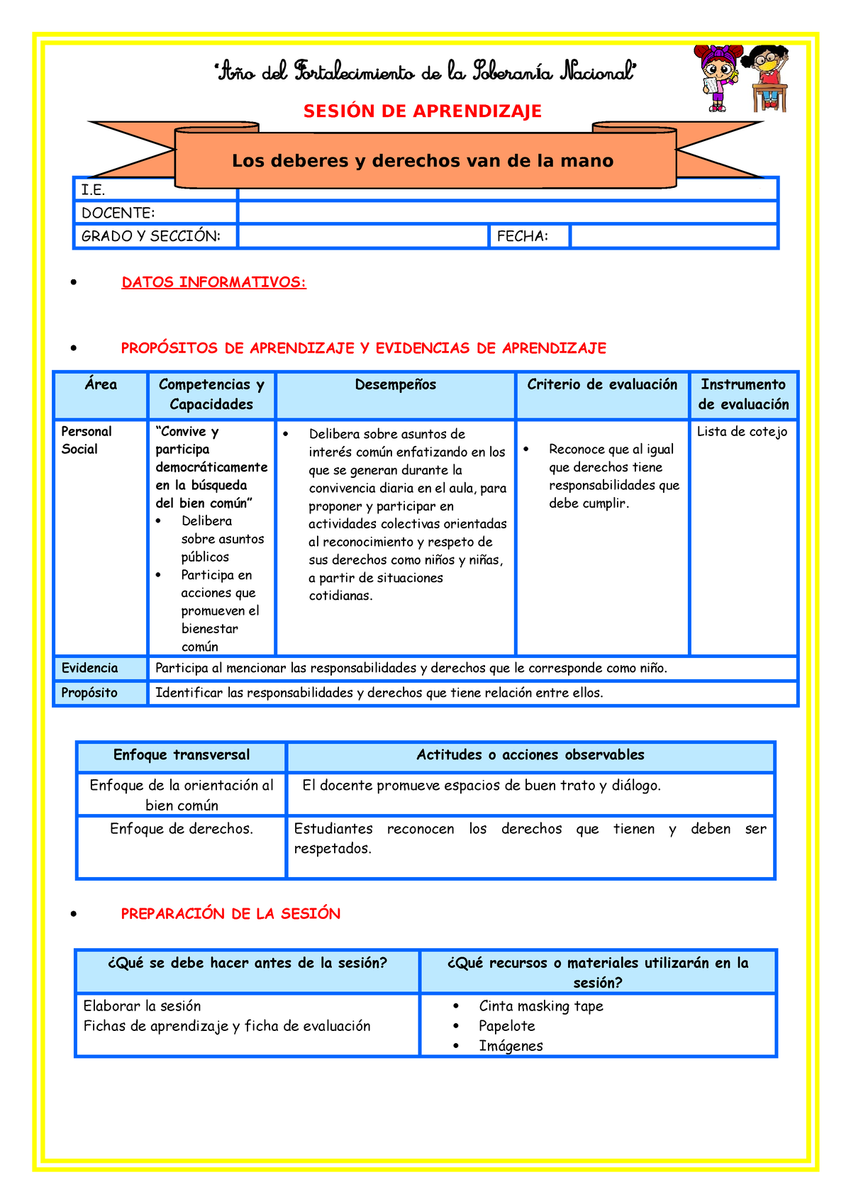 Sesion D1 P.S Deberes Y Derechos VAN DE LA MANO - SESIÓN DE APRENDIZAJE ...