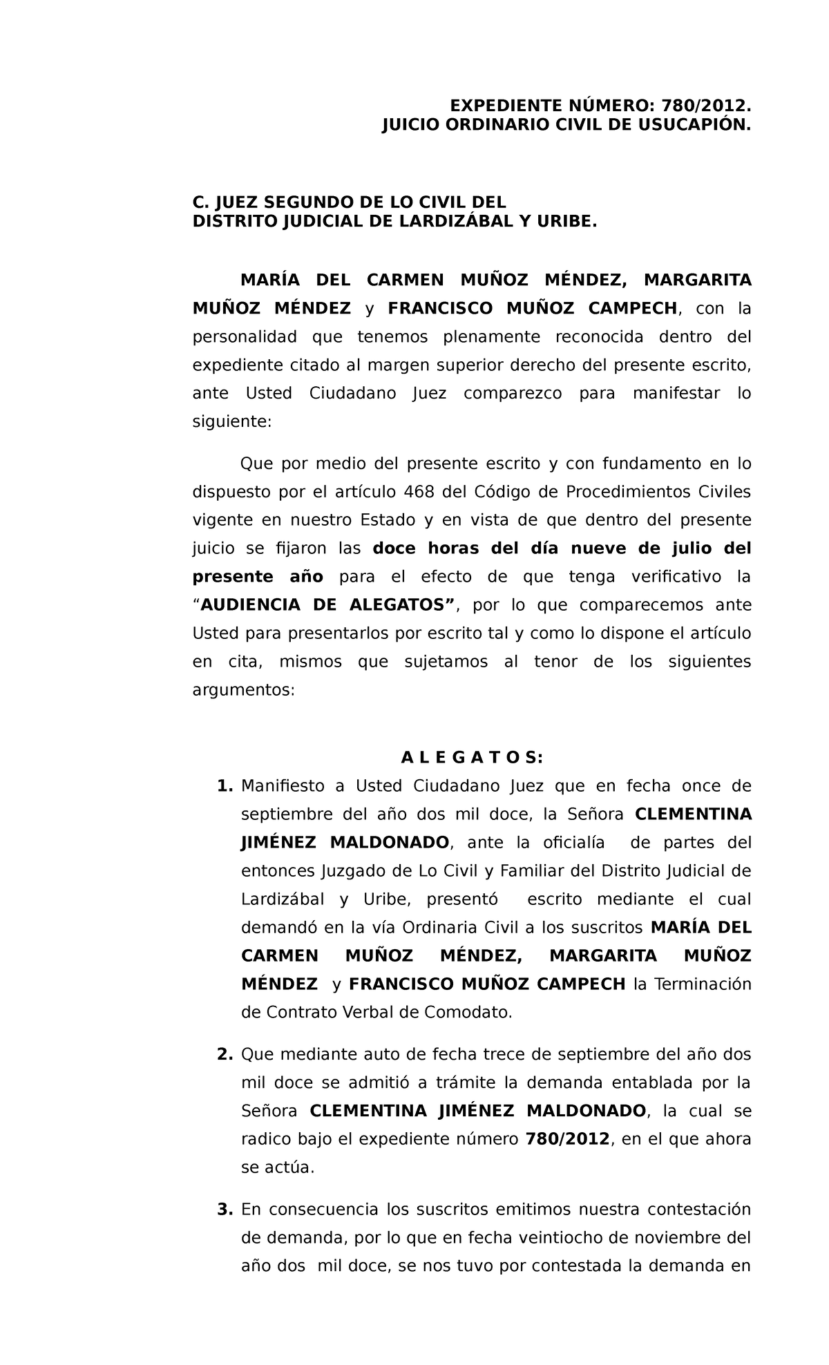  Escrito de alegatos dentro de Juicio de Usucapión María del Carmén  Muñoz Méndez - EXPEDIENTE - Studocu