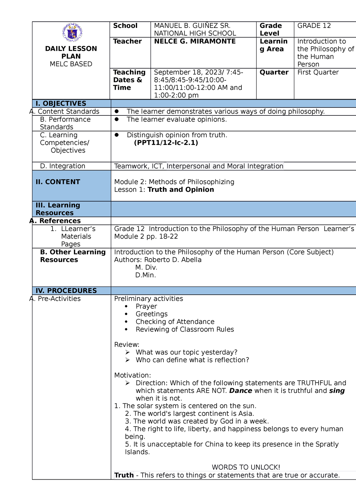 Number 4 - Notes For Philosophy - DAILY LESSON PLAN MELC BASED School ...