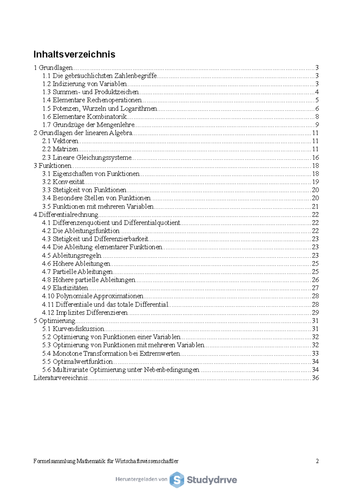 Formelsammlung Mathematik - Inhaltsverzeichnis 1 - Studocu