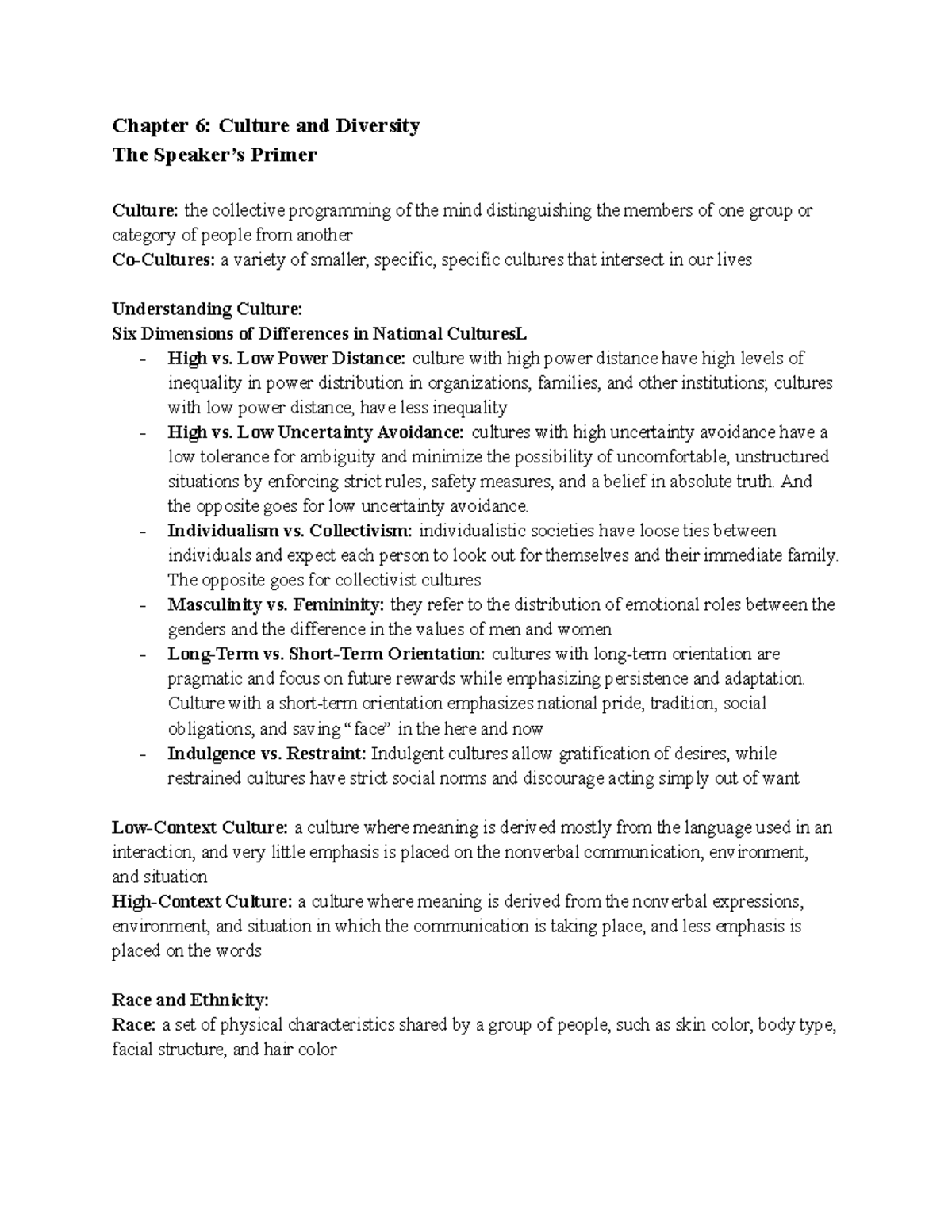 COM 120 Chapter 6 The Speaker's Primer Chapter 6 Culture and