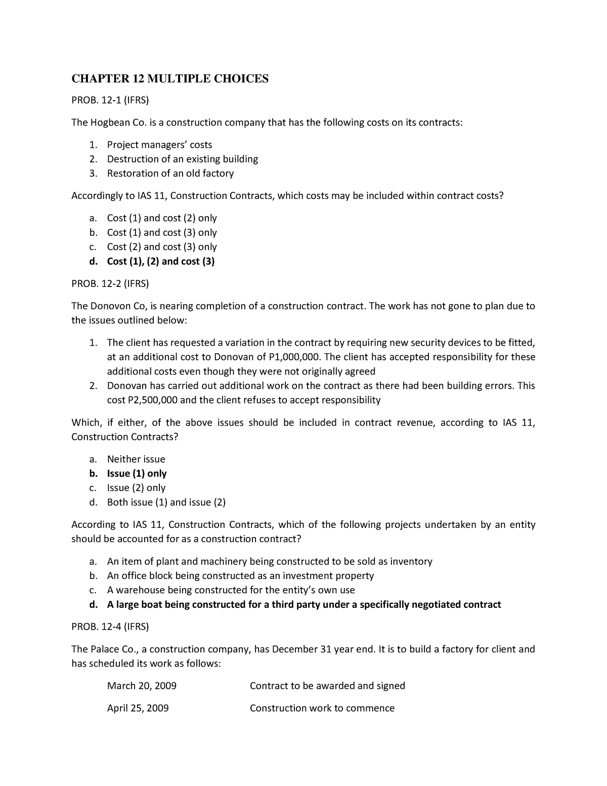 Construction Contract - CHAPTER 12 MULTIPLE CHOICES PROB. 12-1 (IFRS ...