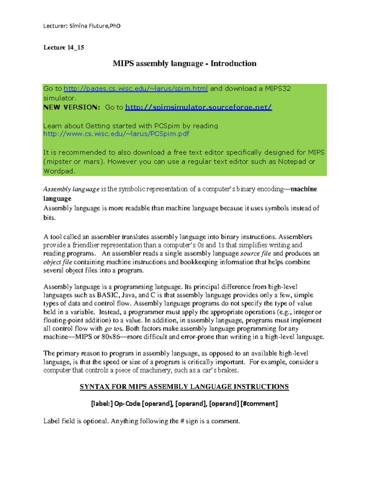 240Lec14 15 - Lecture notes - Lecture 14_ MIPS assembly language ...