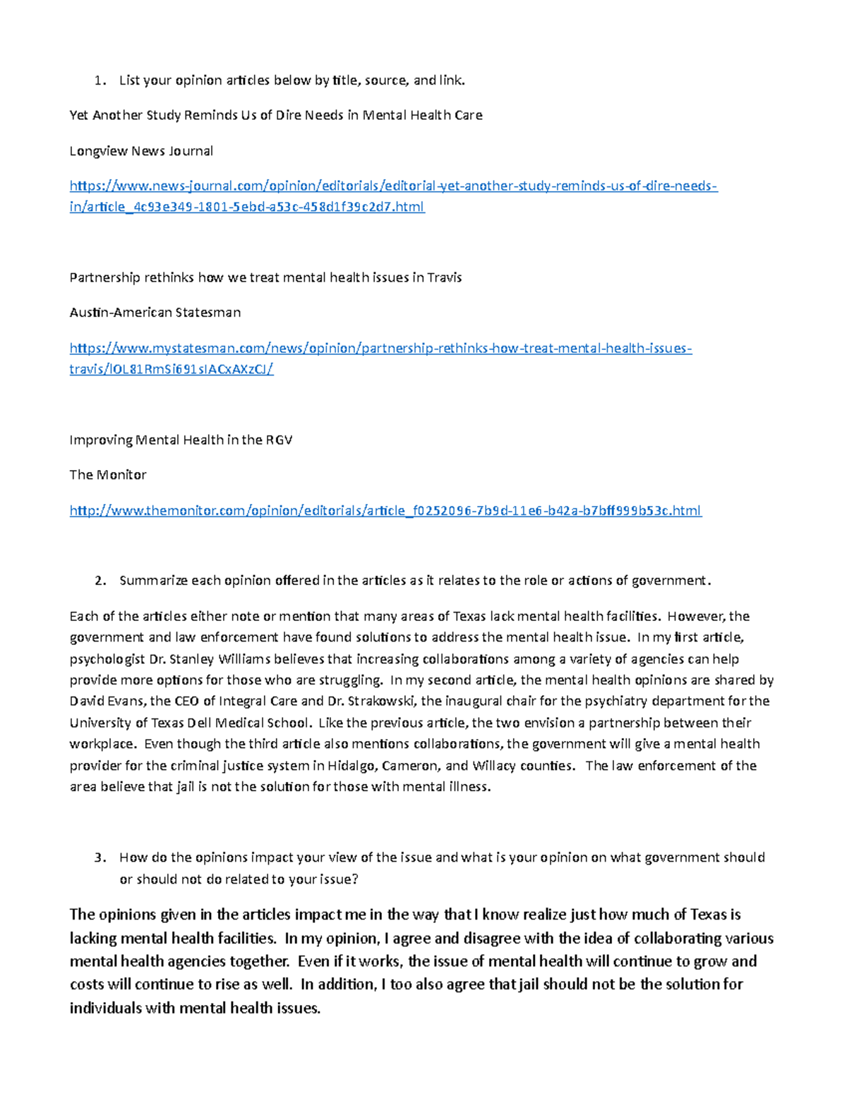 Mental Health Opinion - Part of a Town Hall project over a certain policy  issue - List your opinion - StuDocu