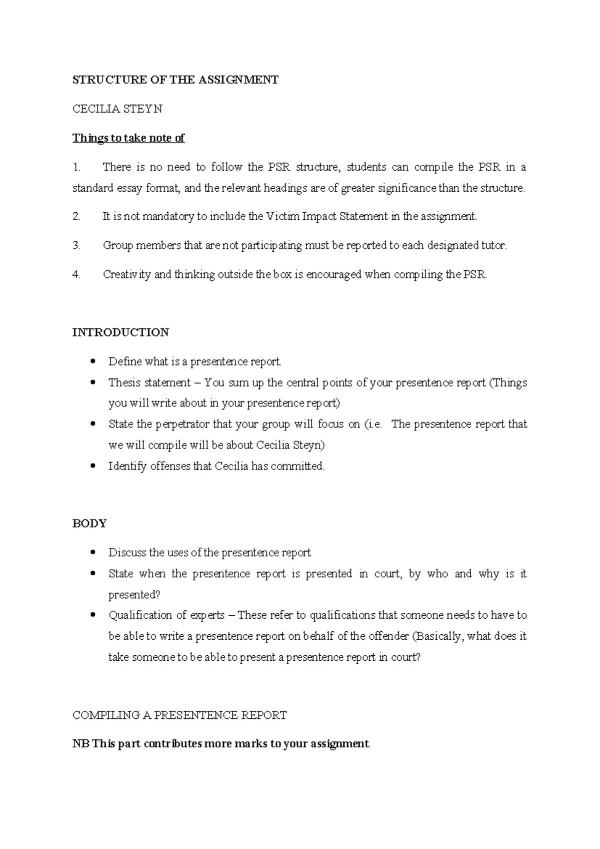 303 Research Structure - STRUCTURE OF THE ASSIGNMENT CECILIA STEYN ...