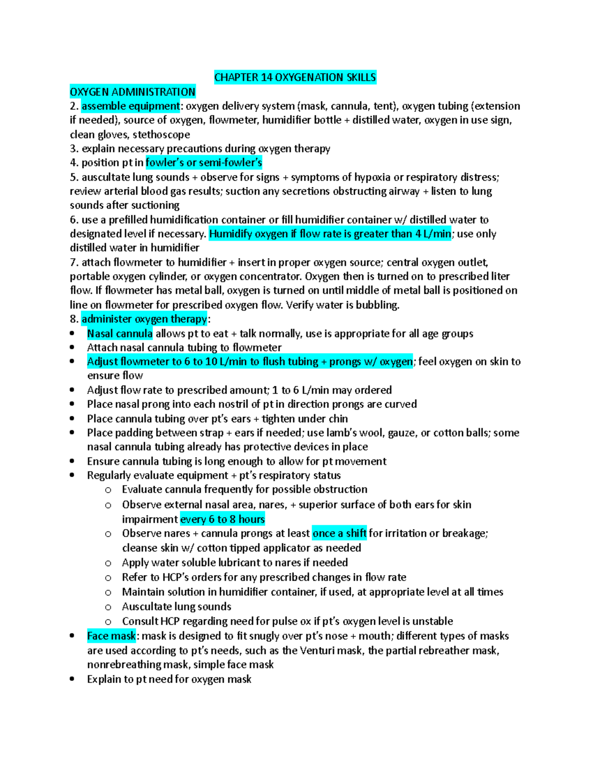 Chapter 14 Oxygenation Skills - CHAPTER 14 OXYGENATION SKILLS OXYGEN ...