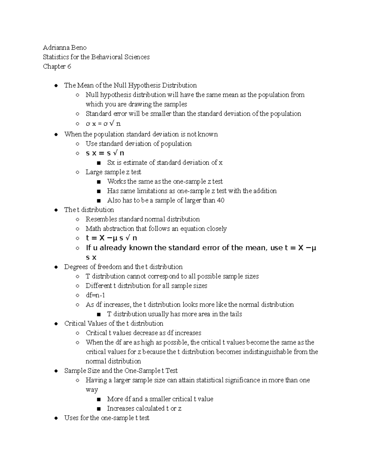 Chapter 6 - Textbook notes - Adrianna Beno Statistics for the ...