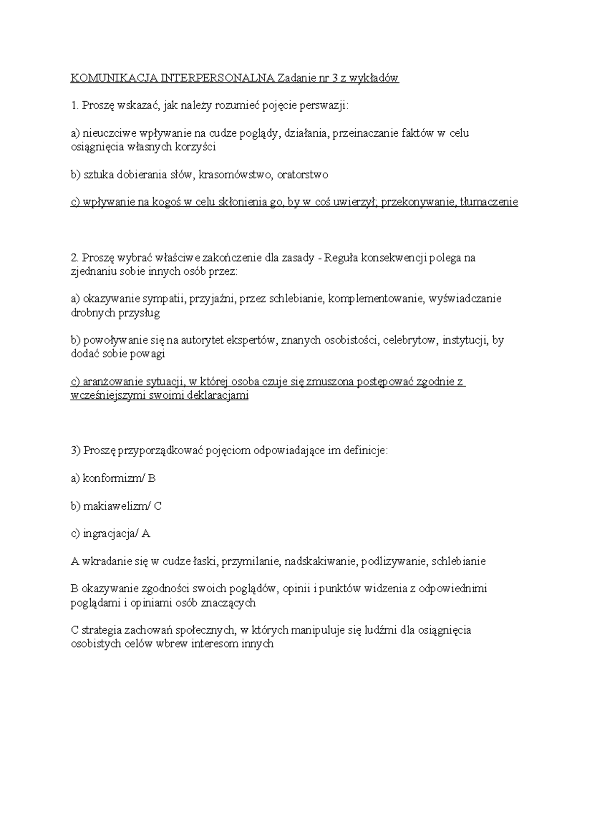 Komunikacja Interpersonalna Zadanie nr 3 z wykładów - KOMUNIKACJA