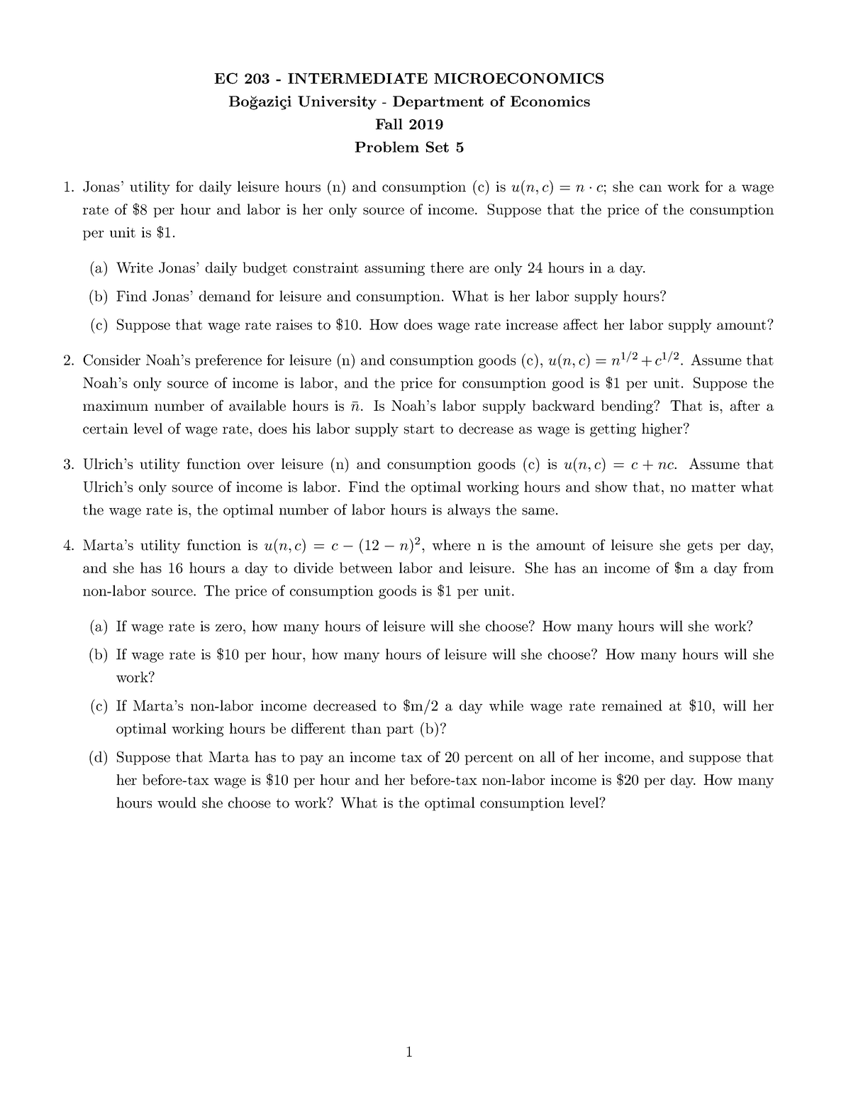 EC203 - Problem Set 5 - Notes - EC 203 - INTERMEDIATE MICROECONOMICS Bo ...