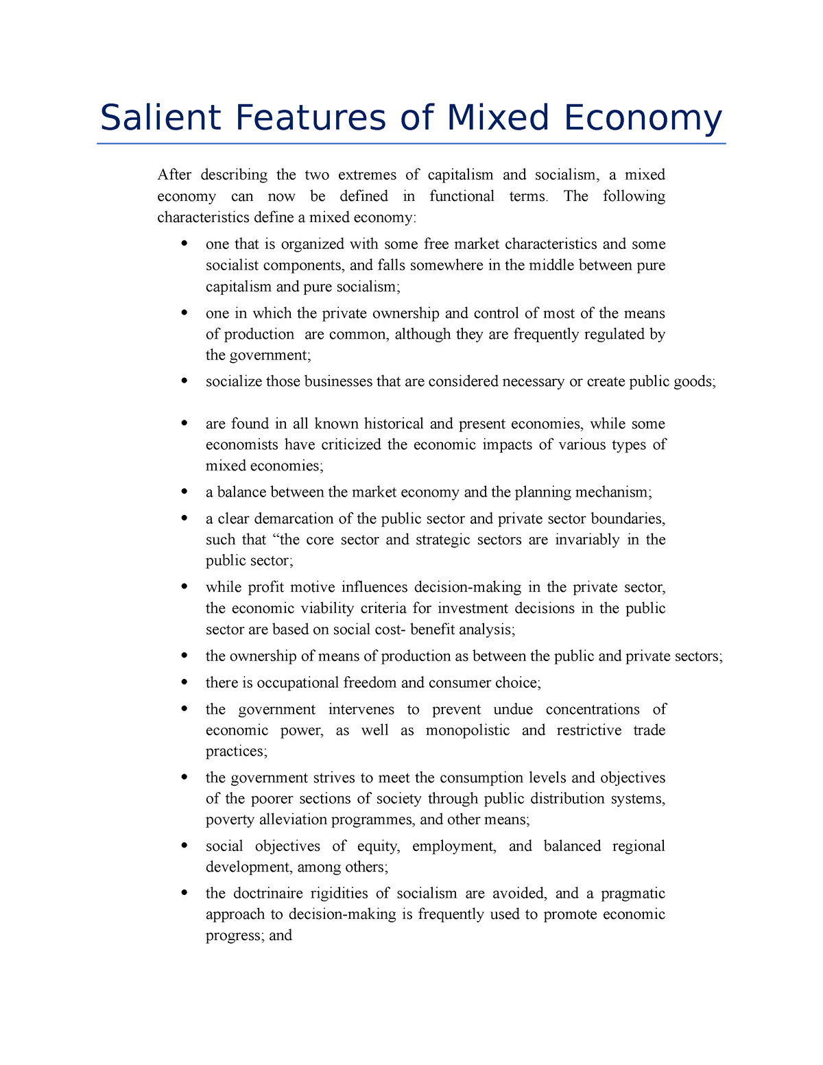 Salient Features Of Mixed Economy The Following Characteristics 