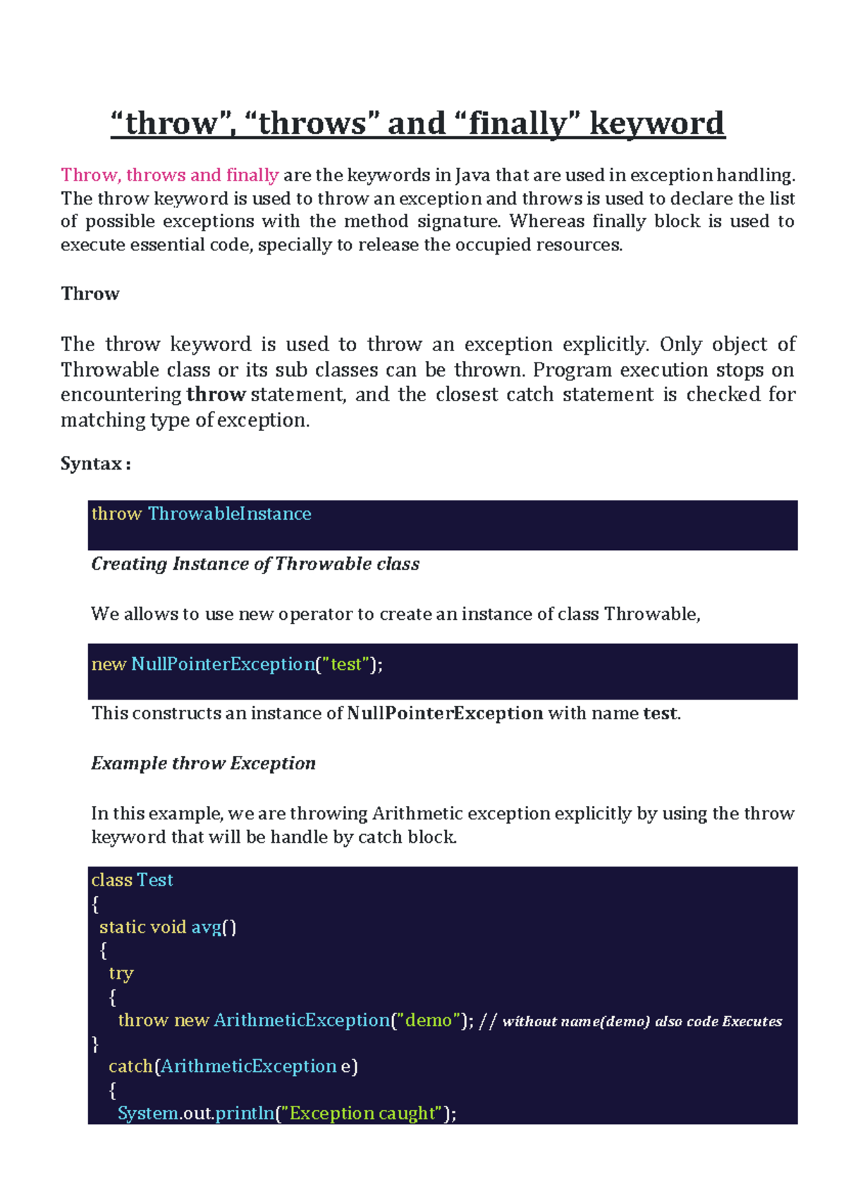 Throw throws finally module 4 - “throw”, “throws” and “finally” keyword ...